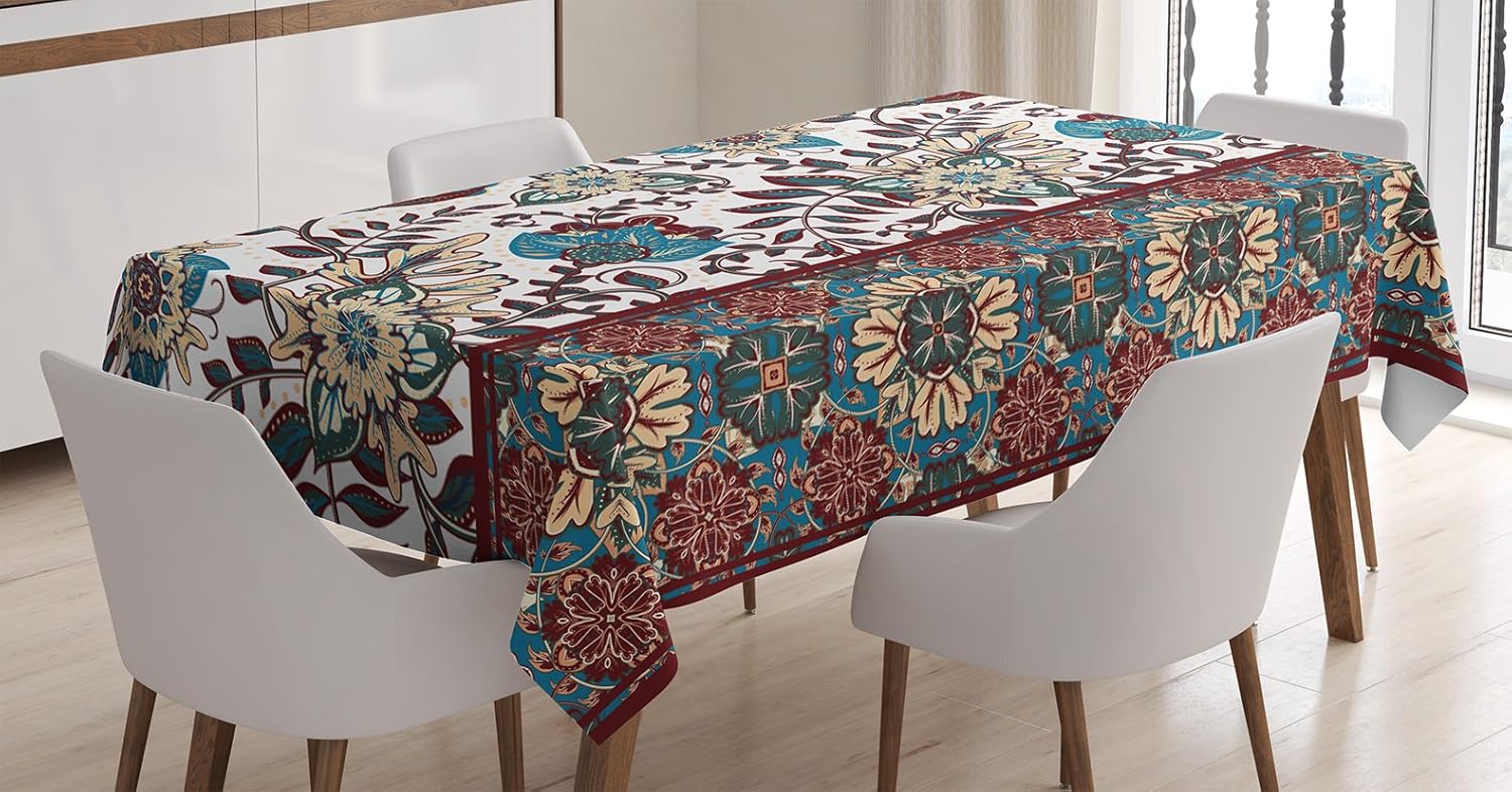 Ambesonne Orient Tablecloth, Ornamental Floral Pattern and Border Traditional Middle Eastern Artwork, Dining Room Kitchen Rectangular Table Cover, 52" X 70", Petrol Blue 52" X 70" Petrol Blue