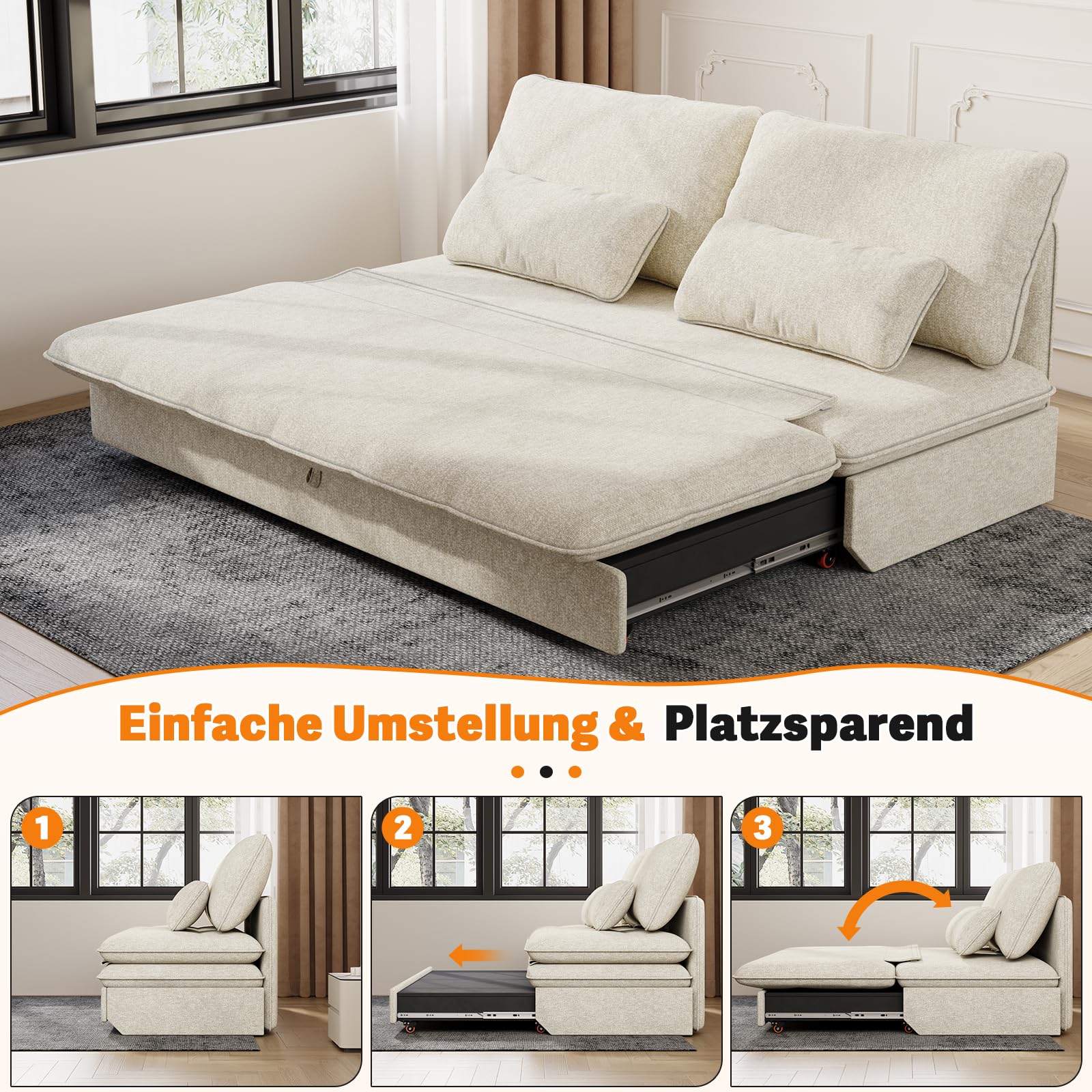 Devoko Sofa mit Schlaffunktion 190 x 157 Ausziehbares Schlafsofa mit Bettkasten Kleine 2 Sitzer Chenille Couch Klappsofa Schlafcouch mit Stauraum für Wohnung und Wohnzimmer, Beige