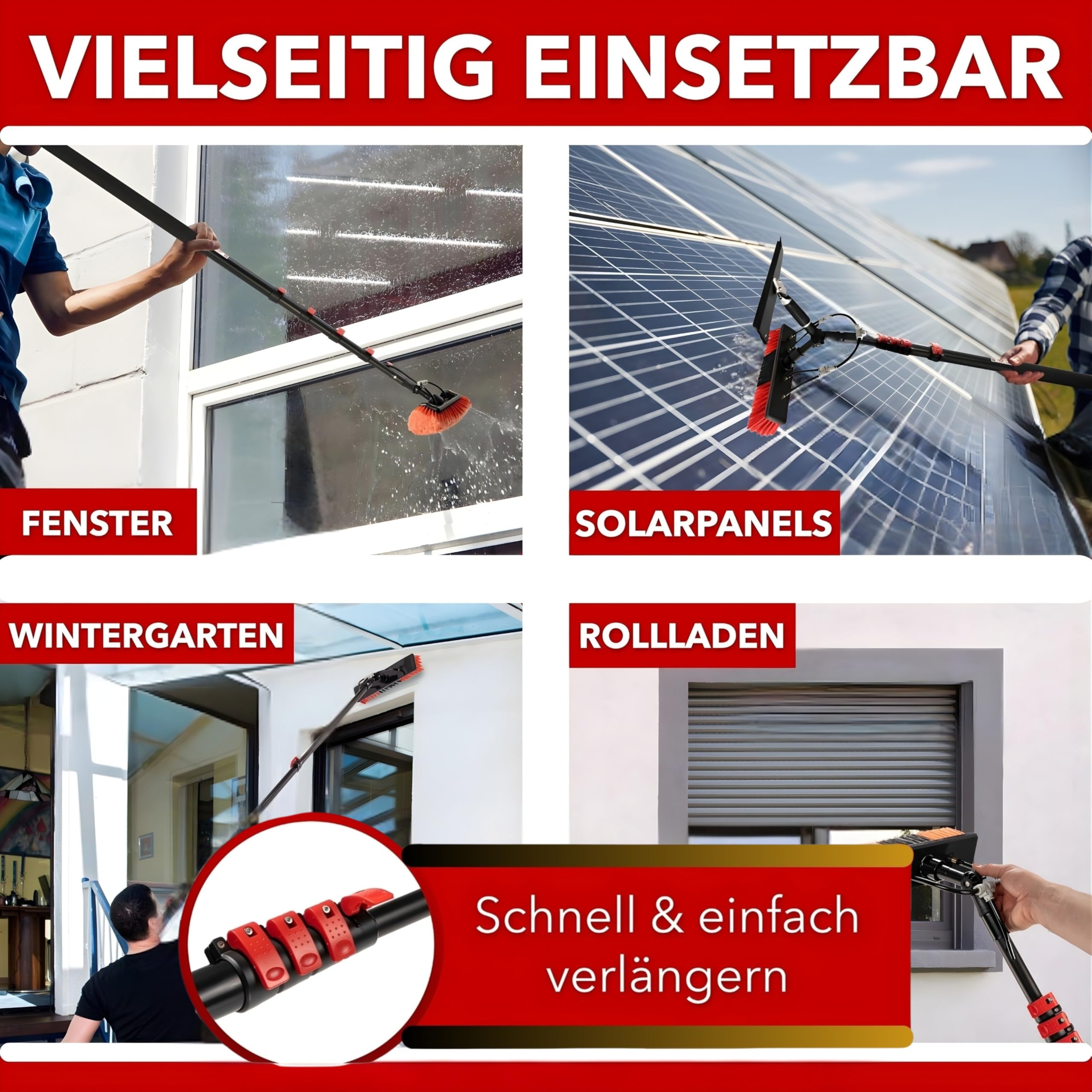 Glanzprofi Profi Teleskop Waschbürste 7,2m wasserführend – Perfekt für PV Anlage Reinigung & PV Reinigungsbürste – Teleskopbesen Solaranlage & Waschbürste mit Teleskopstiel