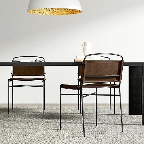 Miniatura 7 de Mid-Century - Juego de 2 sillas de comedor modernas de piel sintética marrón, sillas de comedor sin brazos con patas de metal negro, sillas de