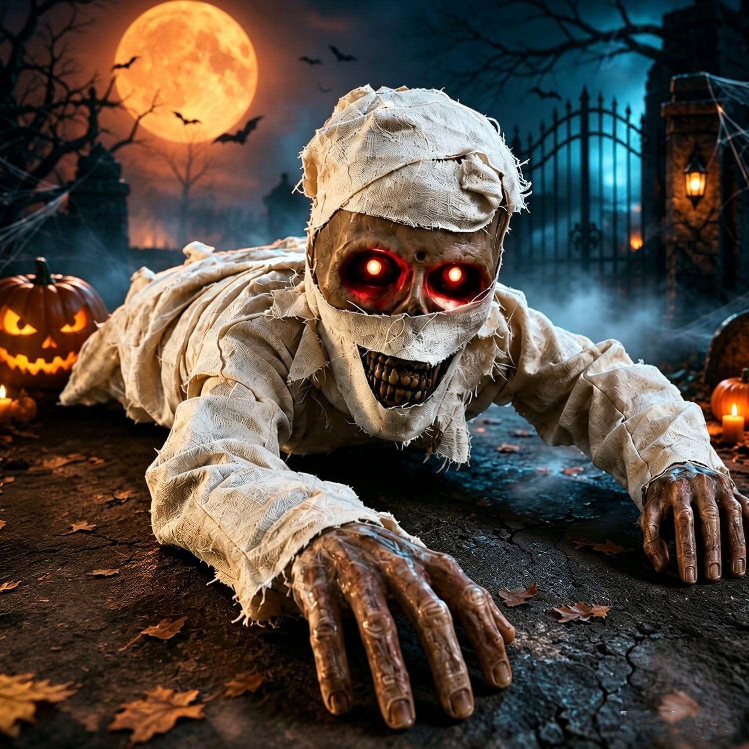 Kriechende Halloween Die Mumie, Halloween Deko Mumie Hat Leuchtend Rote Augen, Intelligente Sprachgesteuerte, Horror-Soundeffekte, Batteriebetrieben, FüR Innen, Garten, Rasen, Hofdekoration