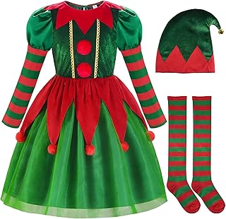 ReliBeauty Elf Costume for Kids Santa Little Helper Kids Christmas Elf Dress Suit for Girls 6-7/130