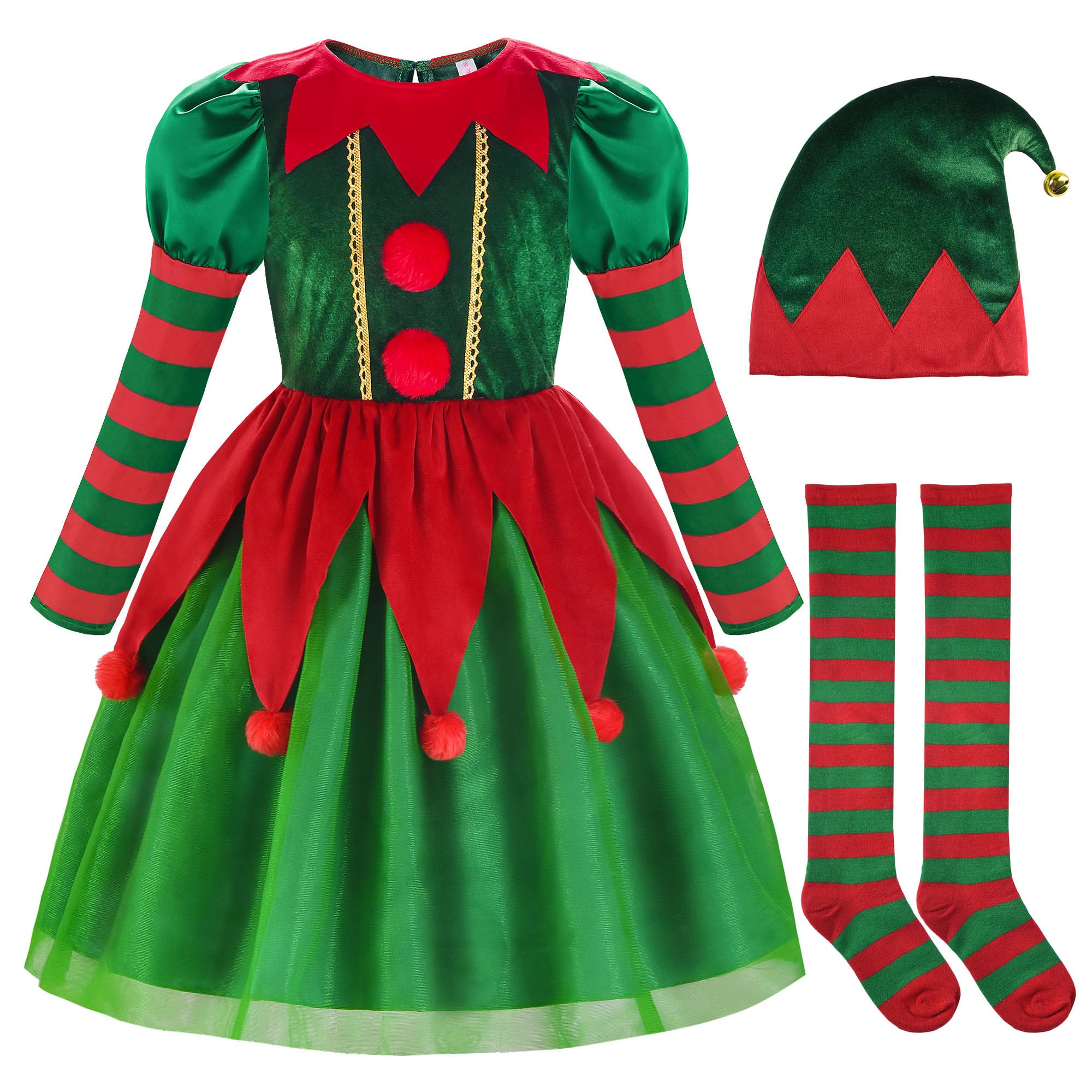 ReliBeauty Elf Costume for Kids Santa Little Helper Kids Christmas Elf Dress Suit for Girls