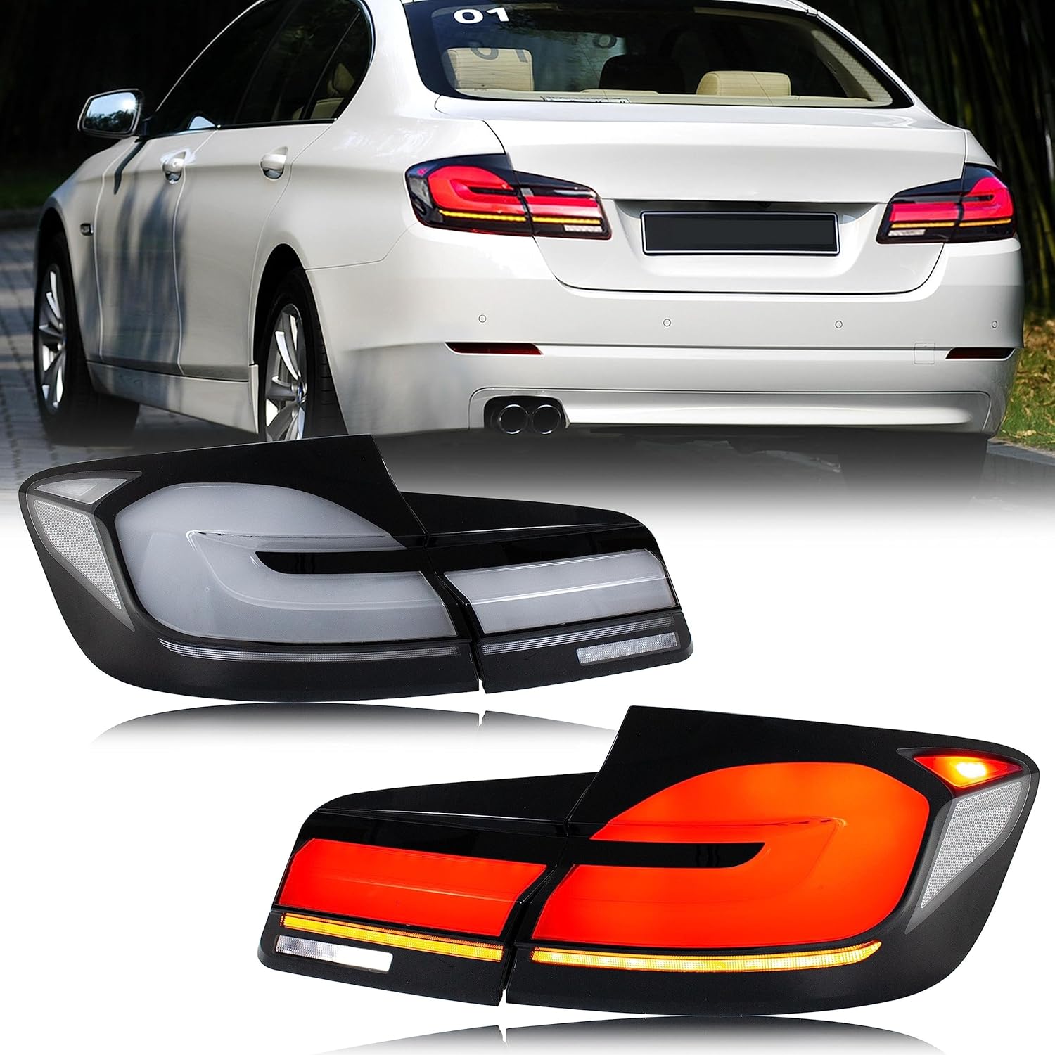 inginuity time LED G38 Clear White Tail Lights for BMW Series 5 F10 F18 M5 2011-2017 Start-up Animation Sequential Indicator Upgrade G38 Look Rear Lamp Assembly Accessary