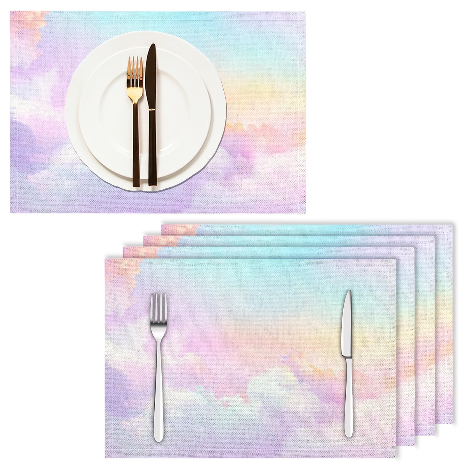 Tovaglietta Americana Sogno in Cotone Lino Rettangolare - Tovagliette Set di 8 Nuvole Arcobaleno Resistente al Calore per La Cucina, Il L'Ufficio, 30 x 45cm