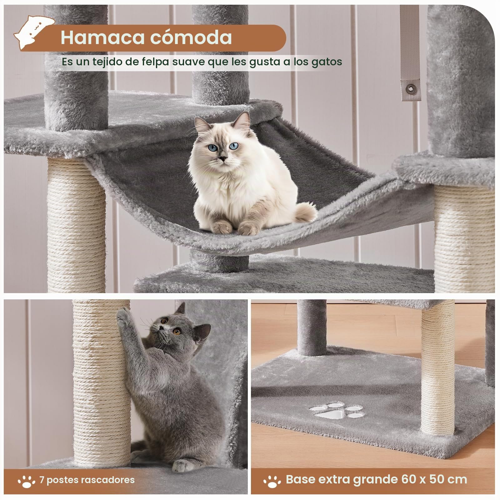MSmask Rascador grande XXL, 175 cm, estable con 3 plataformas de observación, para gatos grandes, columna rascador con sisal, gris claro