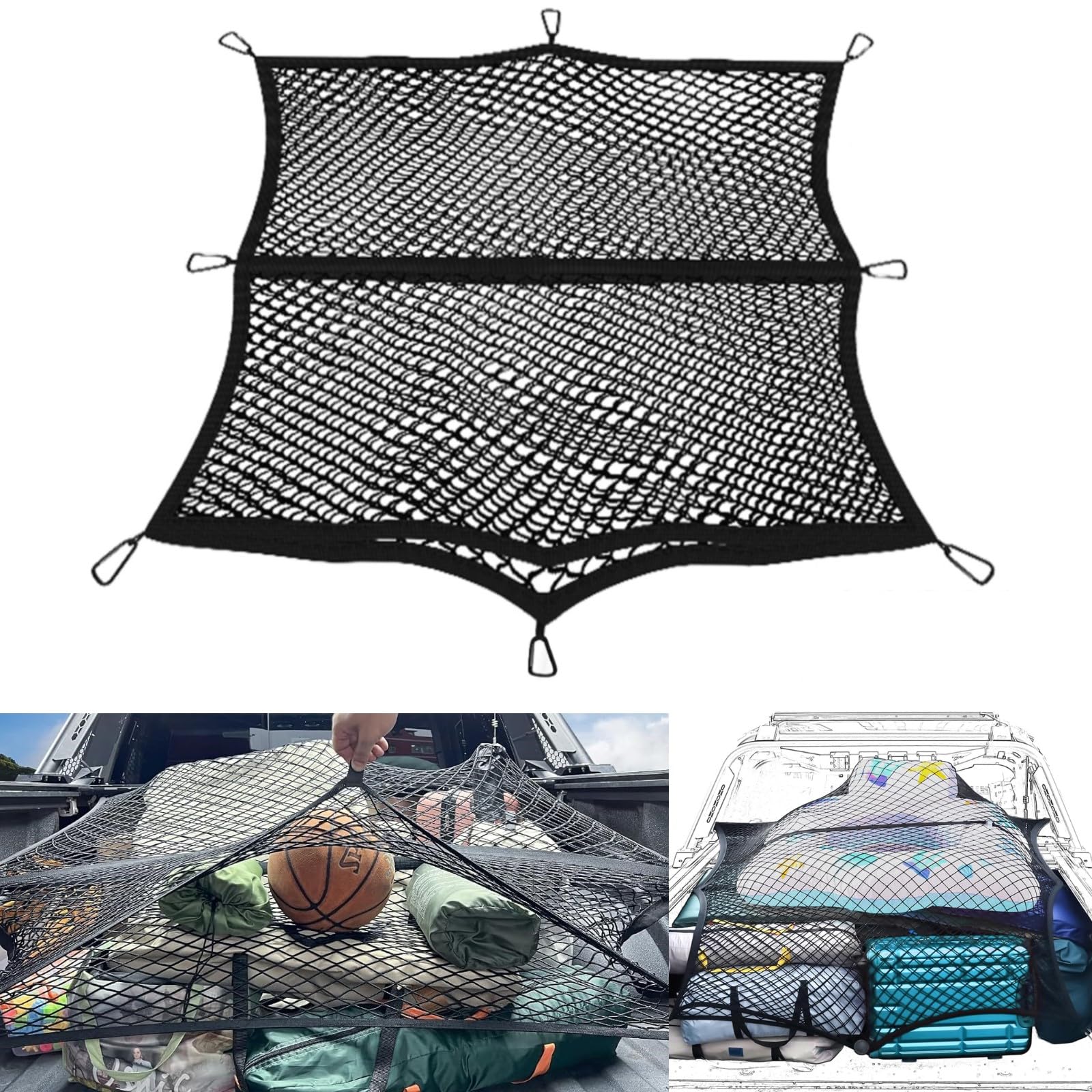 x xotic techCargo Net for Pickup Truck Bed - Stretchable 4'x4' to 7'x7' High Elastic Mesh Organizer with 6 Pcs Metal Carabiners - Ideal for Pickup Truck Trailer, ATV, UTV, SUV, Boat (Double Layer)