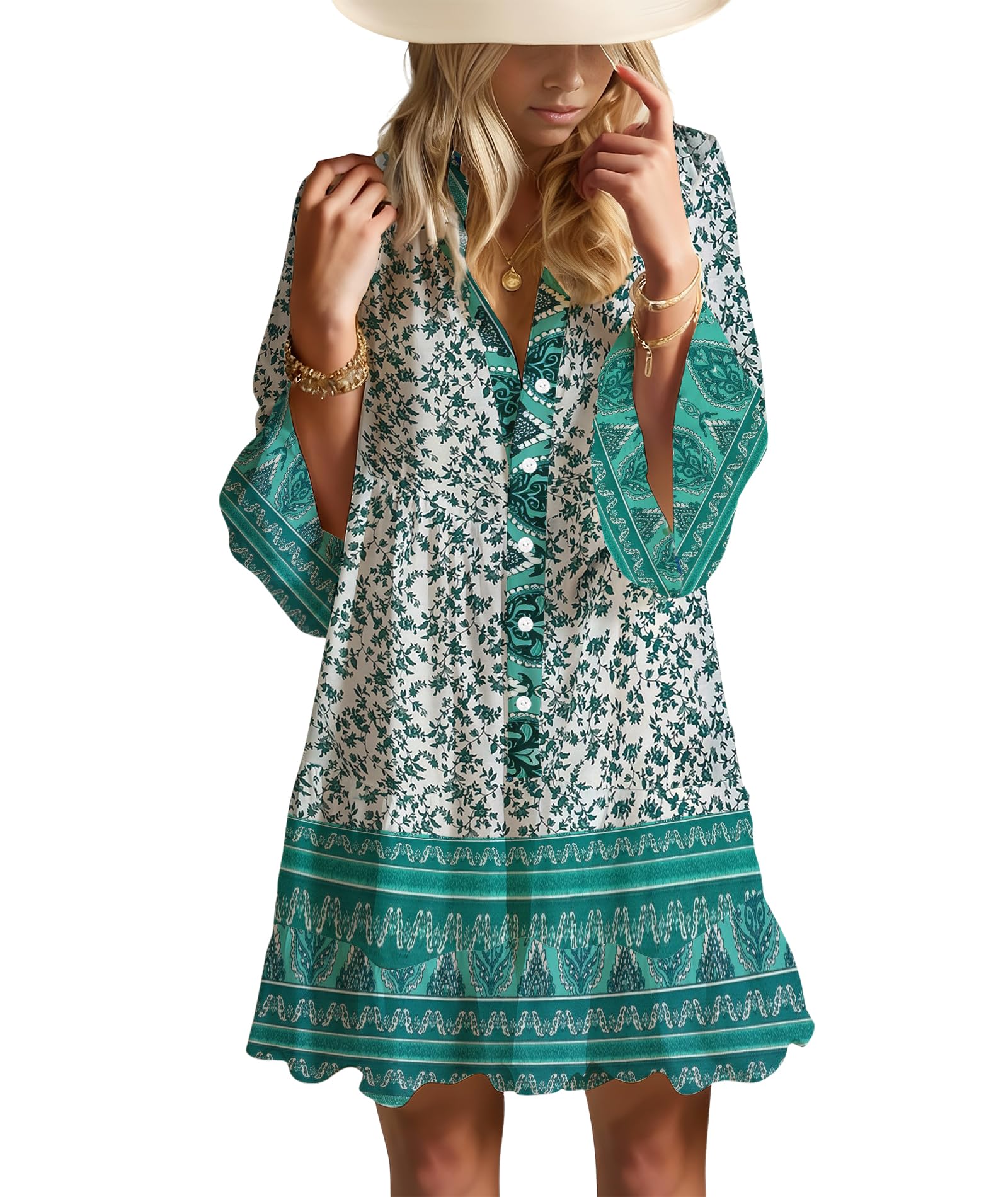 Opemiby Summer Dresses for Women 2026 Flowy Ruffle 3/4 Sleeve V Neck Tiered Casual Babydoll Boho Beach Mini Dress