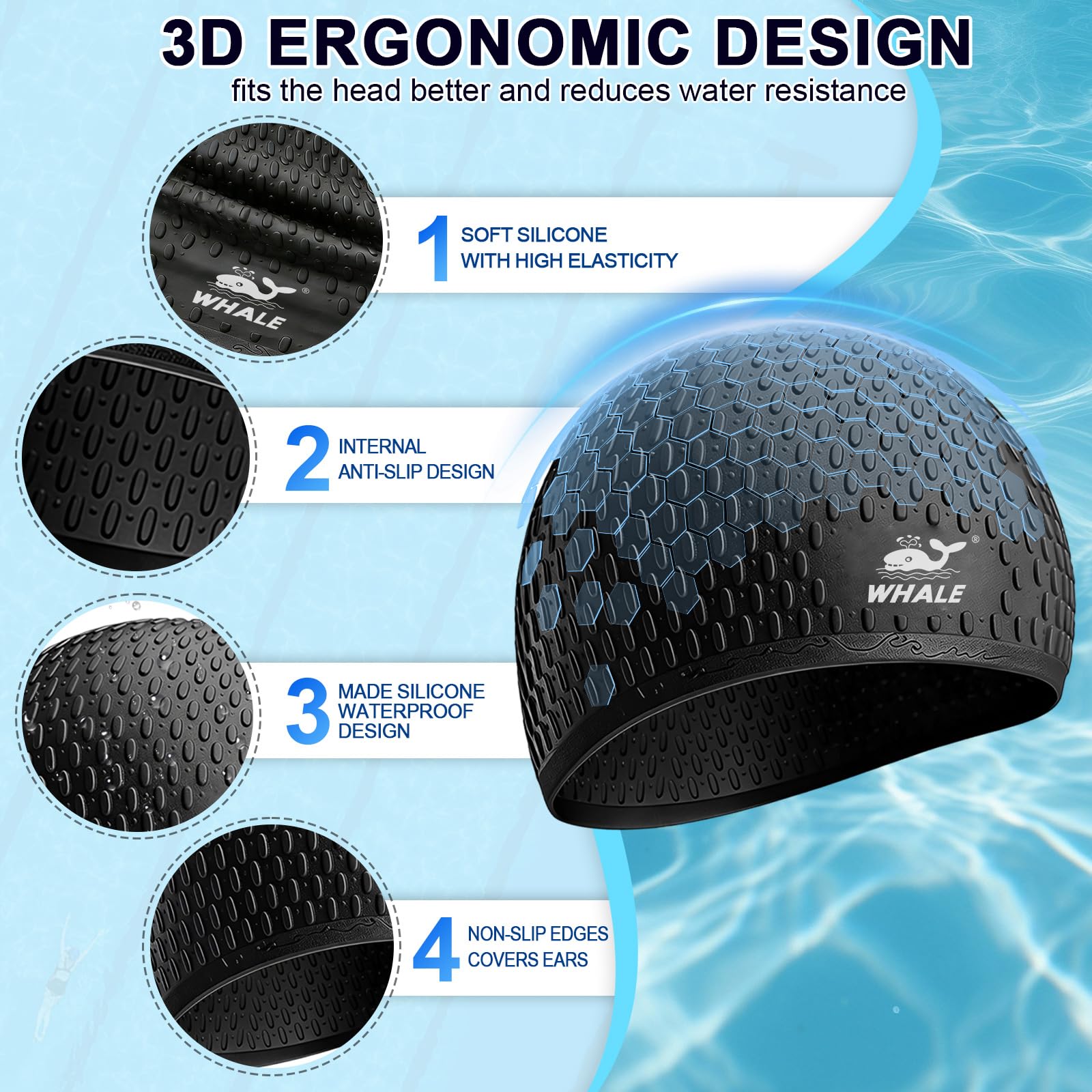 Große Badekappe, langlebig, Silikon, wasserdicht, ideal für langes Haar und dicke Zöpfe, hält das Haar trocken, Badekappe mit Ohrstöpseln, Nasenklammer-Set (schwarz)
