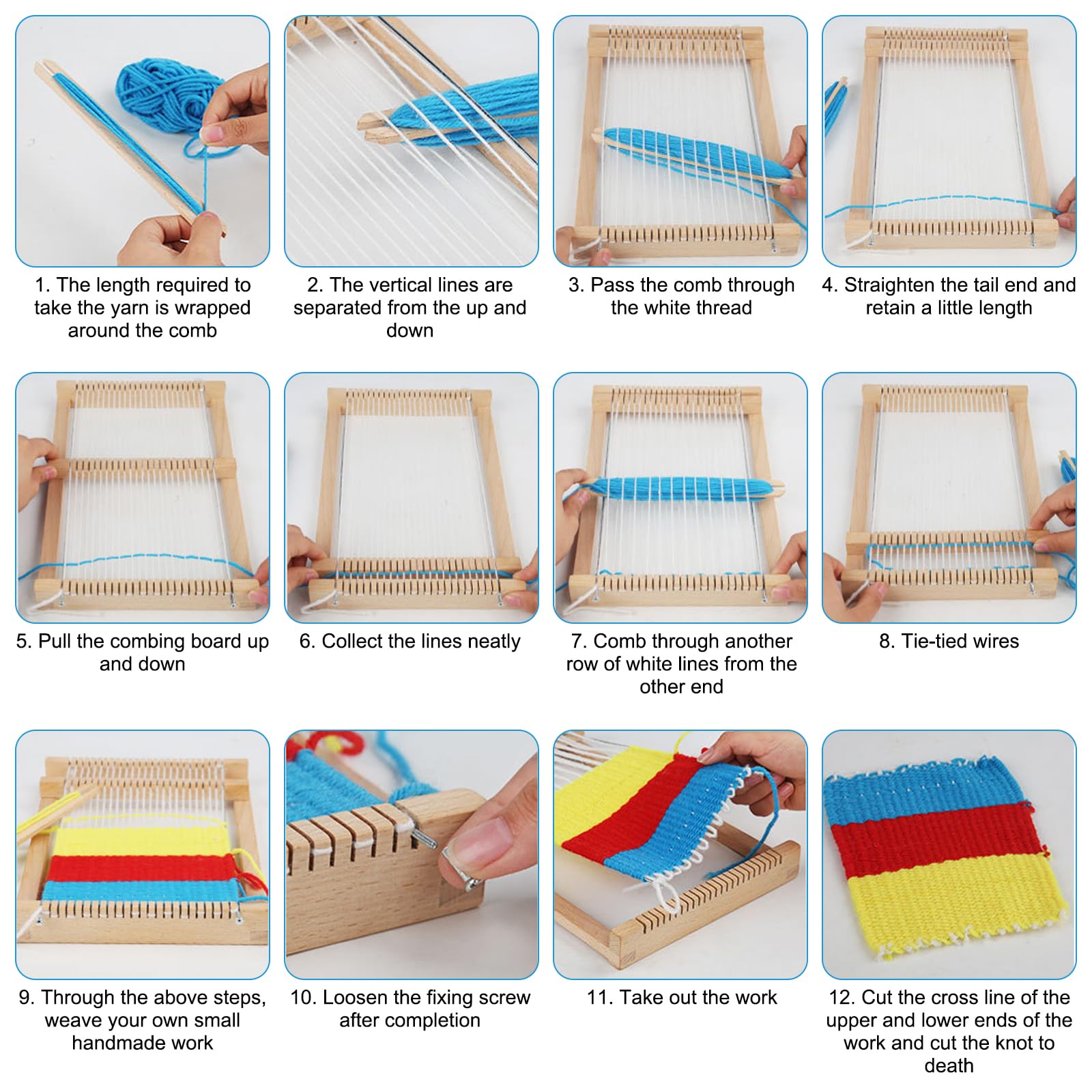 Set Tessitura Per Bambini 4-12 Anni - Telaio In Legno Con Lana Colorata E Accessori - Ideale Per Principianti - 3