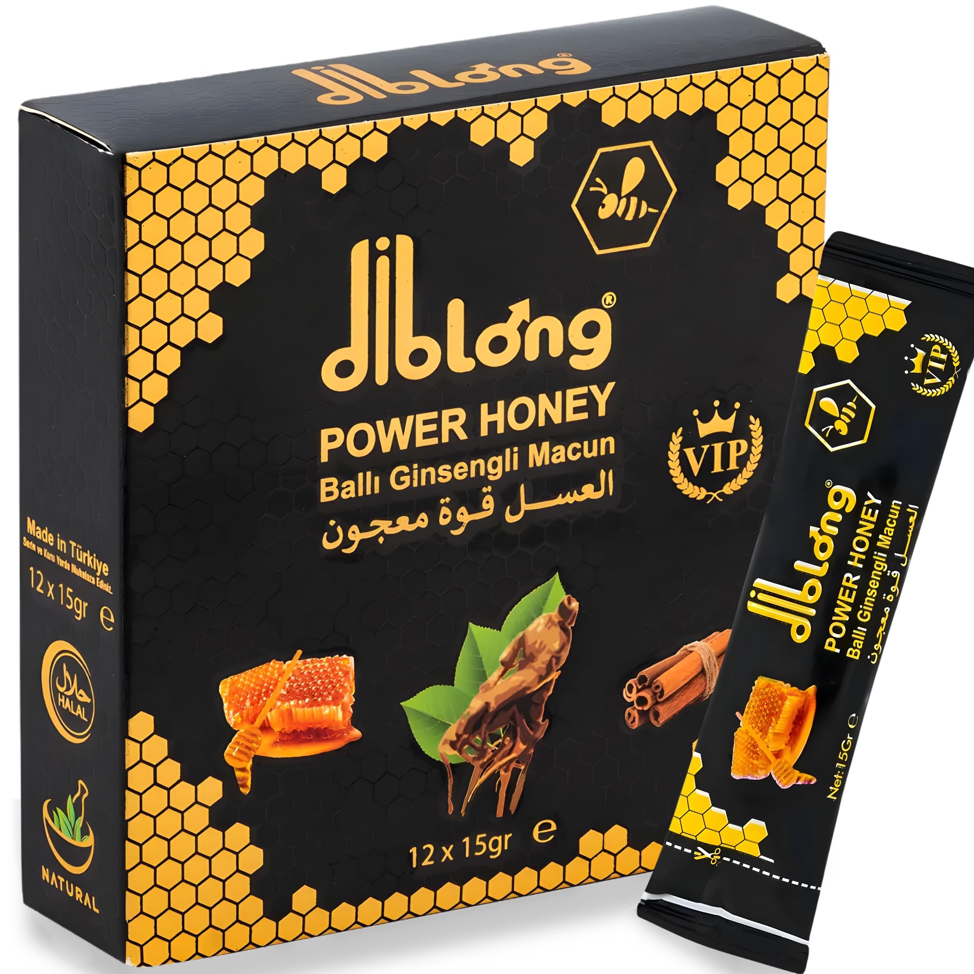 Diblong Natural Herbal Honey – Pack of 12 Sachets x 15g – Honey with Ginseng, Maca & Royal Jelly – Made in Turkey