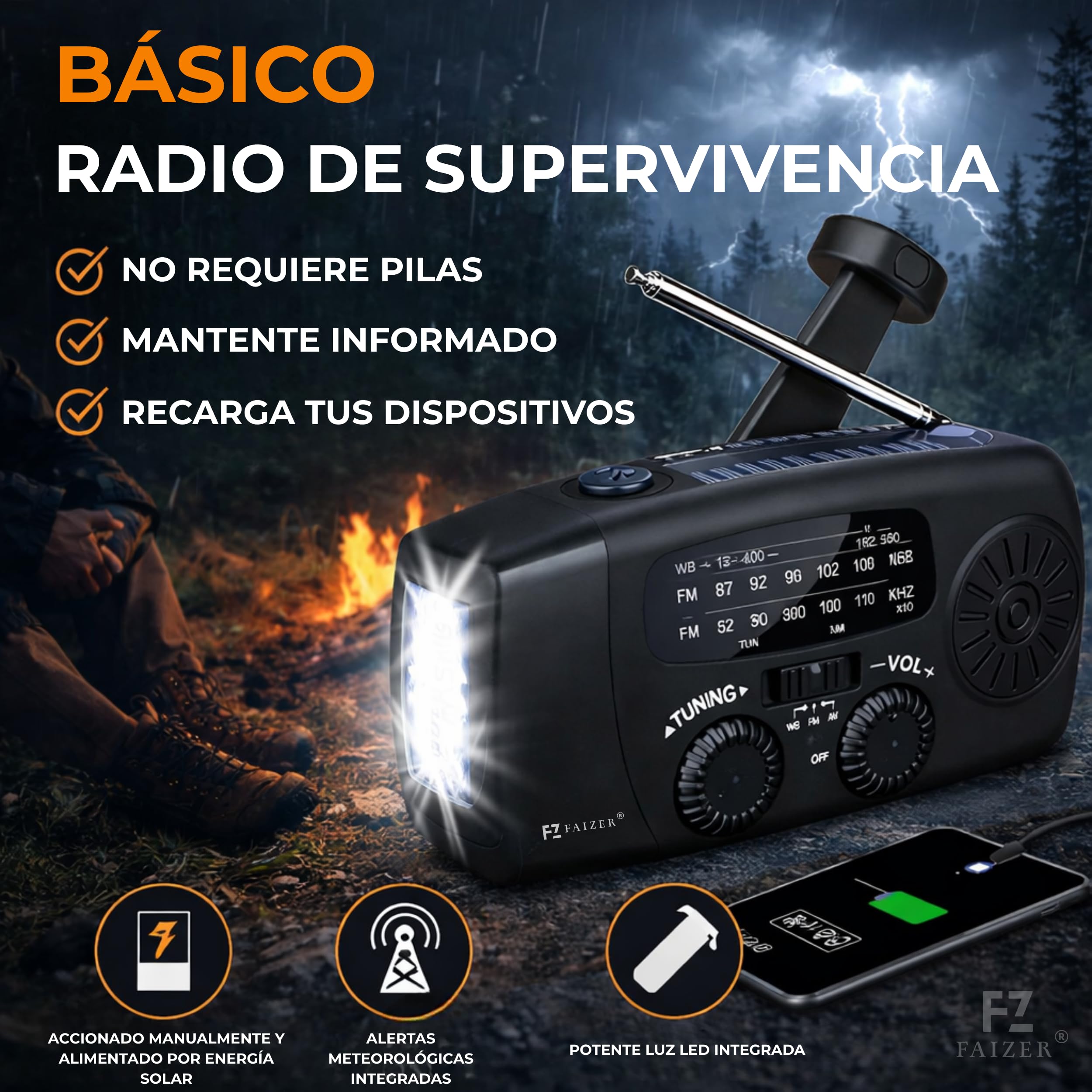 Radio Solar de Emergencia portatile con Manivela, 2000mAh, Power Bank, Radio a Pilas Am/FM/WB con Dinamo y Panel Solar, Linterna LED,linternas led Alta Potencia, Despertador Solar, Linterna Potente