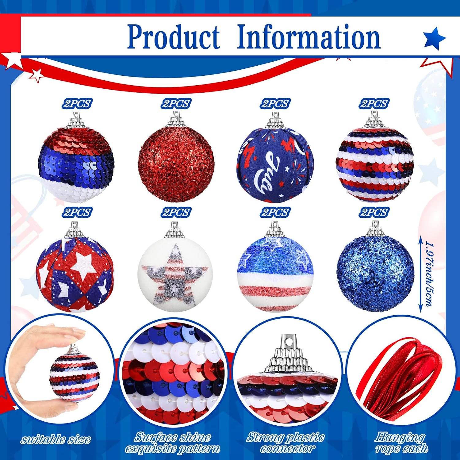 Ferraycle 16 Pcs 4th of July Tree Ornaments 2 Inches Red White Blue Patriotic Hanging Ball Decorations for 250th Anniversary Independence Day Veterans USA Themed Holiday Party Supplies