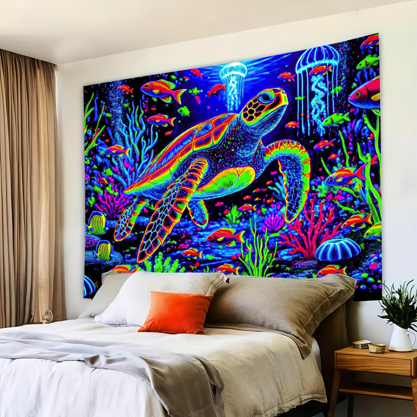 Tapisserie Murale Tortue De Mer Réactive Aux UV - 152 X 129,5 Cm, Polyester, Décoration Chambre, Salon, Plage