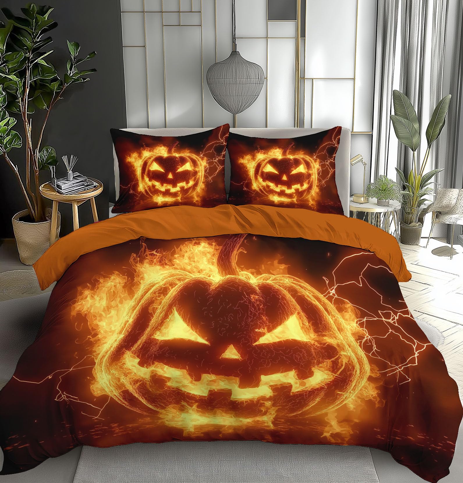 Housse de couette 220x240 fermeture éclair pratique motif citrouille flamme