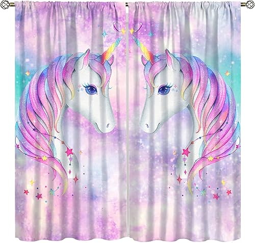 Cortinas de dormitorio de unicornio arcoíris, universo de ensueño morado y rosa, cielo estrellado para dormitorio de niños, sala de estar, cortinas