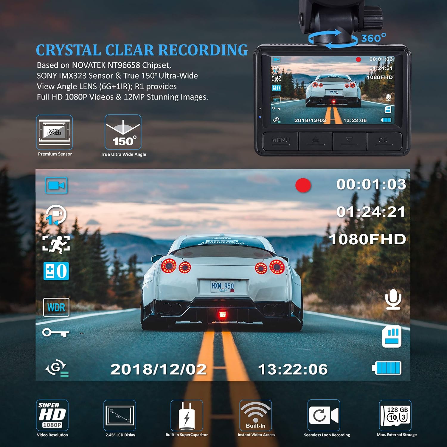 ROVE R1 Smart Dash Cam 1080P (Open Box, Like Brand New)
