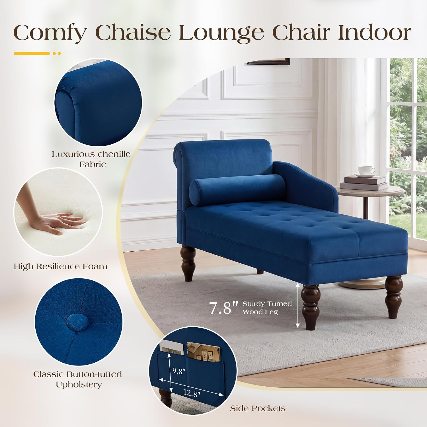 Close-up of Oprisen Chaise Lounge features: velvet fabric, high-resilience foam, button tufting, and side pockets
