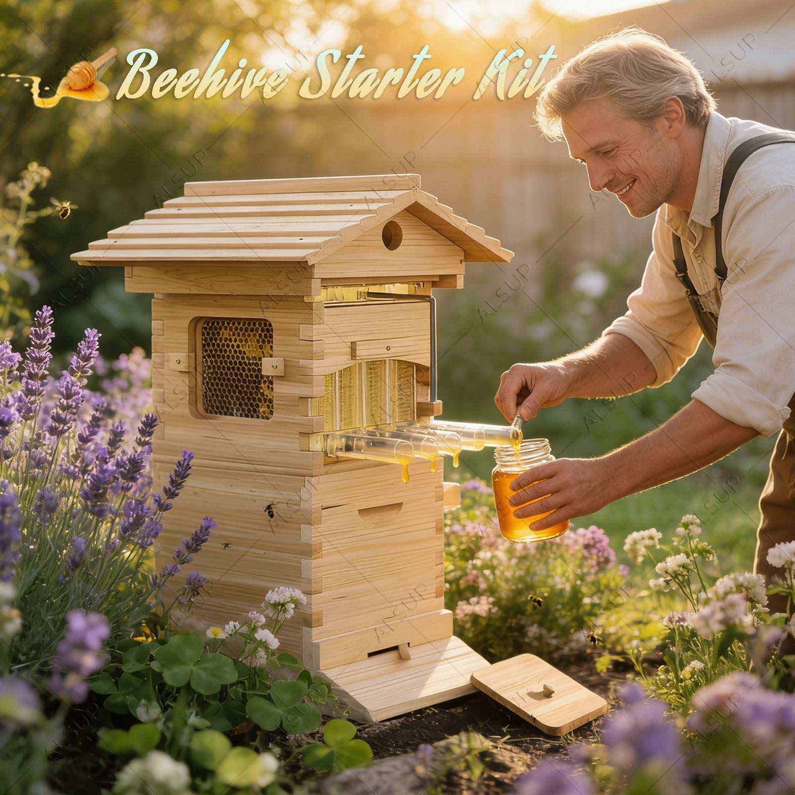 Kit de Inicio de Colmena de Abejas Autofluyente, Caja de Madera para Apicultura con Ventana de Observación, Marcos Automáticos y Boquilla de Miel para Jardín
