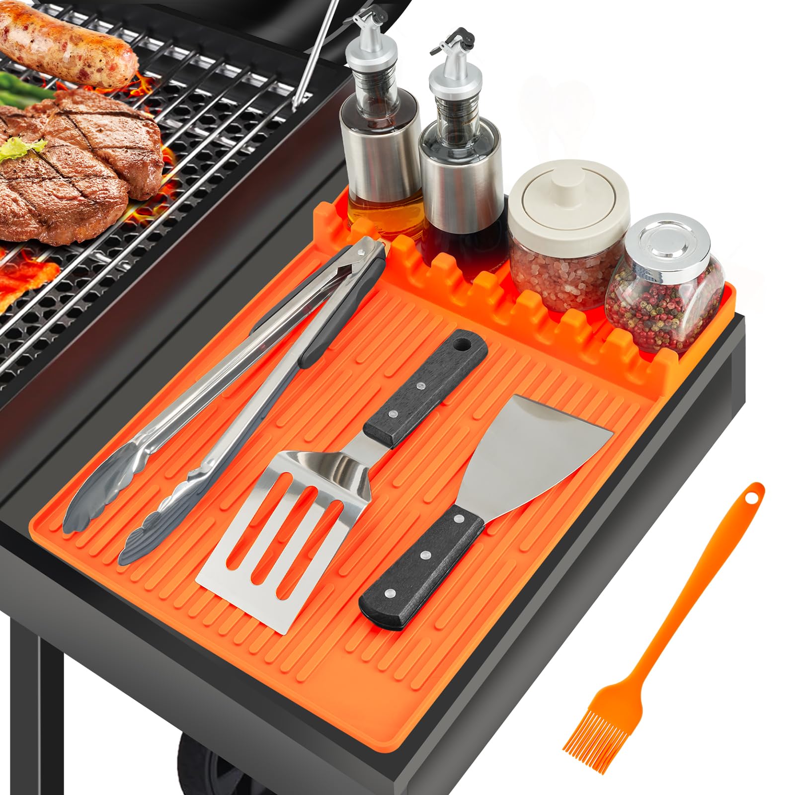 TRZZ Silicone Mat for Blackstone Griddle, Heat Resistant Grill Tool Rest with Drip Pad for BBQ and Kitchen Countertop (Orange)
