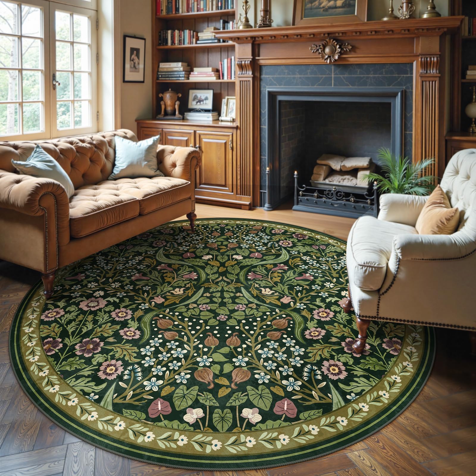 Moynesa Vintage 6ft Round Area Rug Green Floral