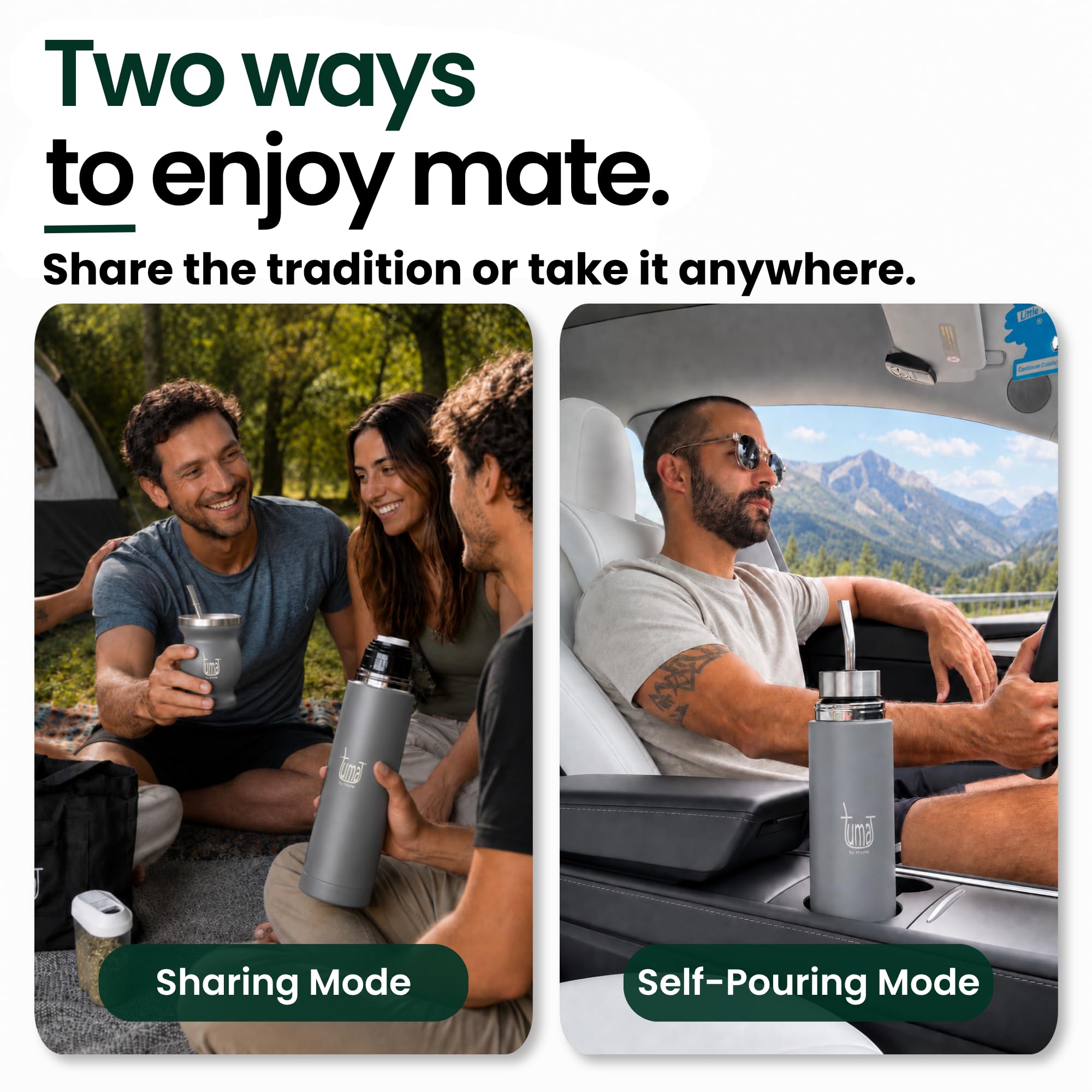 TUMA TU MATE Kit complet Yerba Mate, bouteille isotherme AutoMate à double bouchon, tasse et bombilla, 750 ml double paroi en acier inoxydable, sac en toile, récipient Yerbero et chauffage de voiture