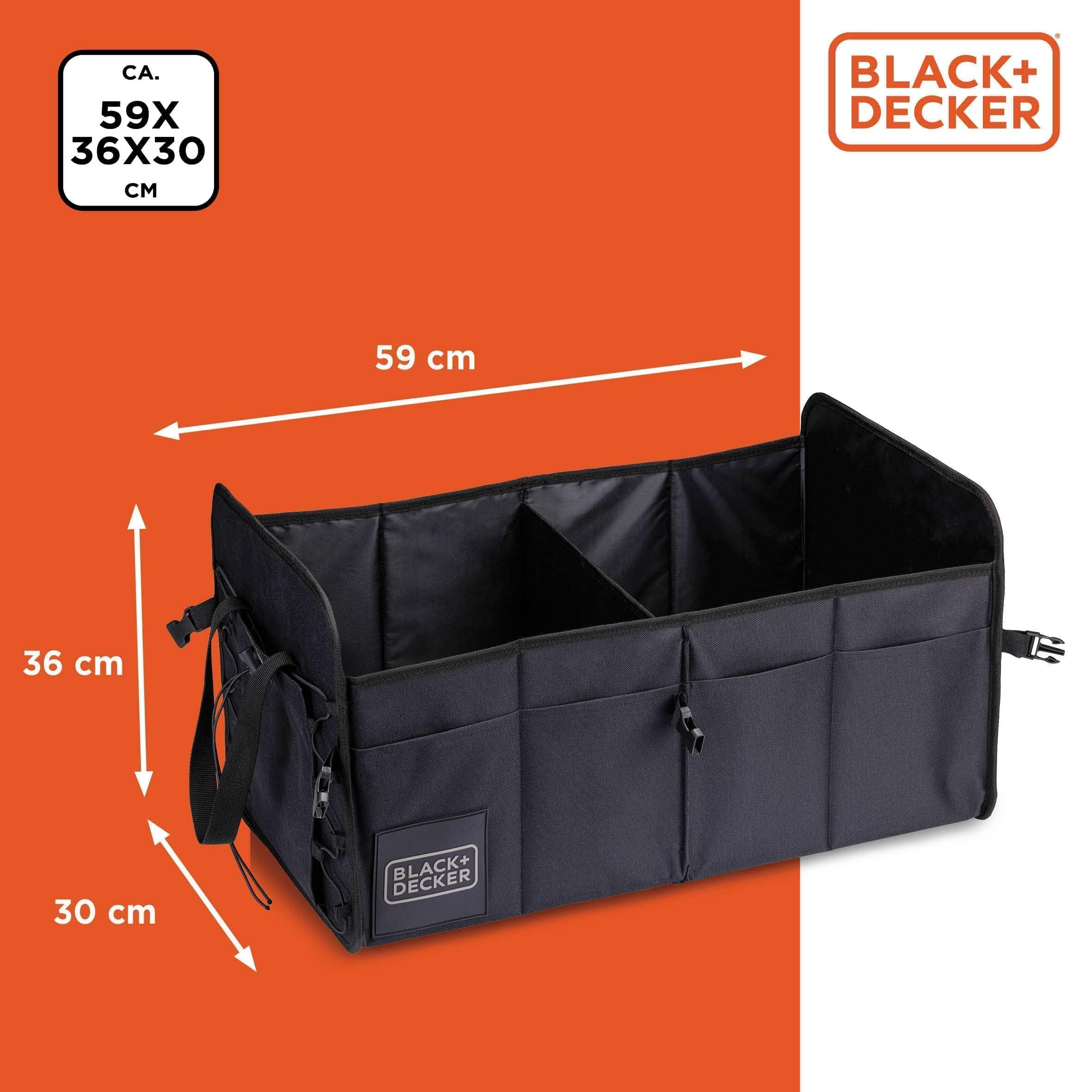 Black+Decker Trunk Storage Box – 59 x 36 x 30 cm – 2 przegródki – dodatkowe kieszenie boczne – z uchwytami – czarne