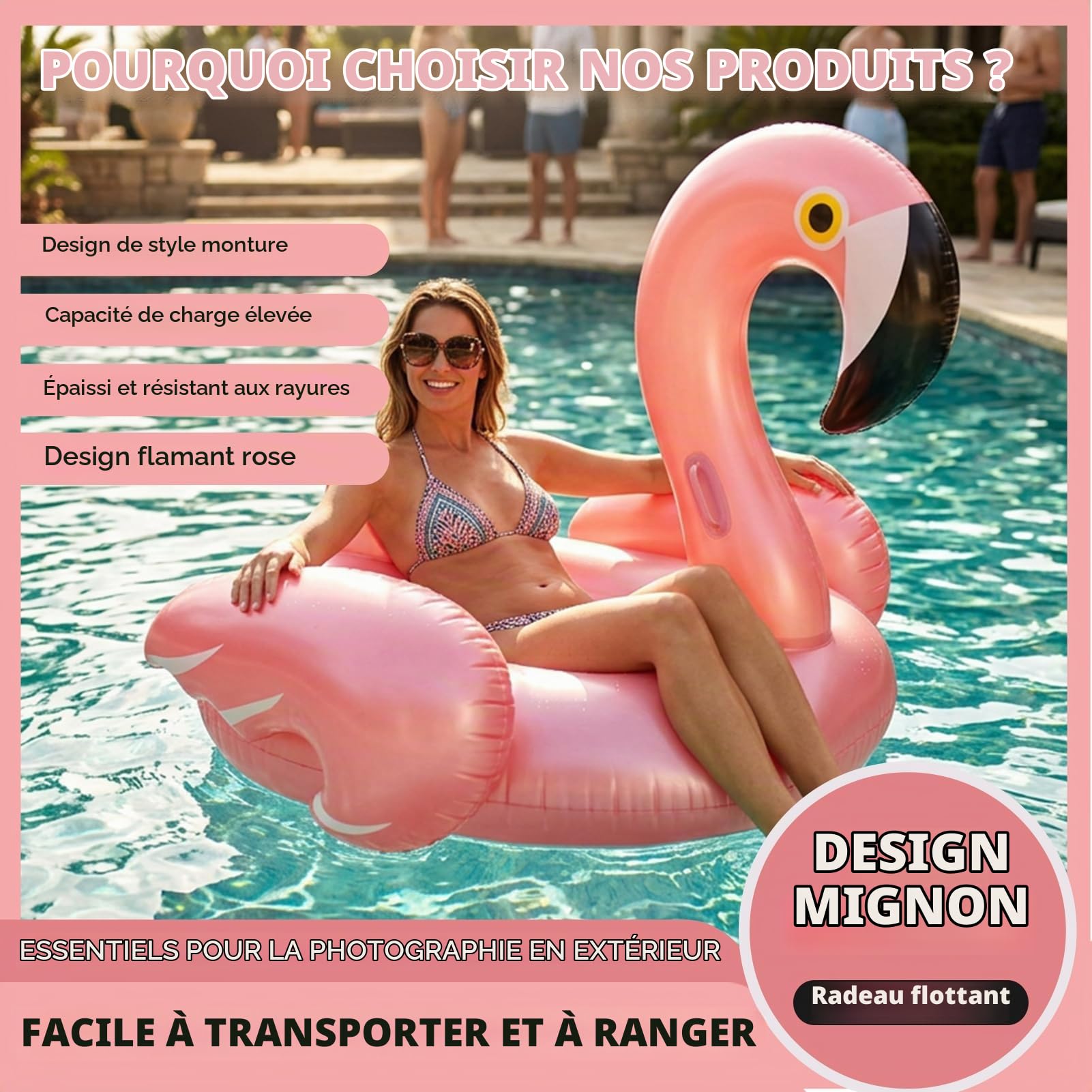 Flotteur de Piscine en Forme de Flamant pour Adultes, 110 × 93 cm Bouée de Natation Flamant Matelas Gonflable en PVC, Poids Maximal de 90 kg pour Estivaux, Rose