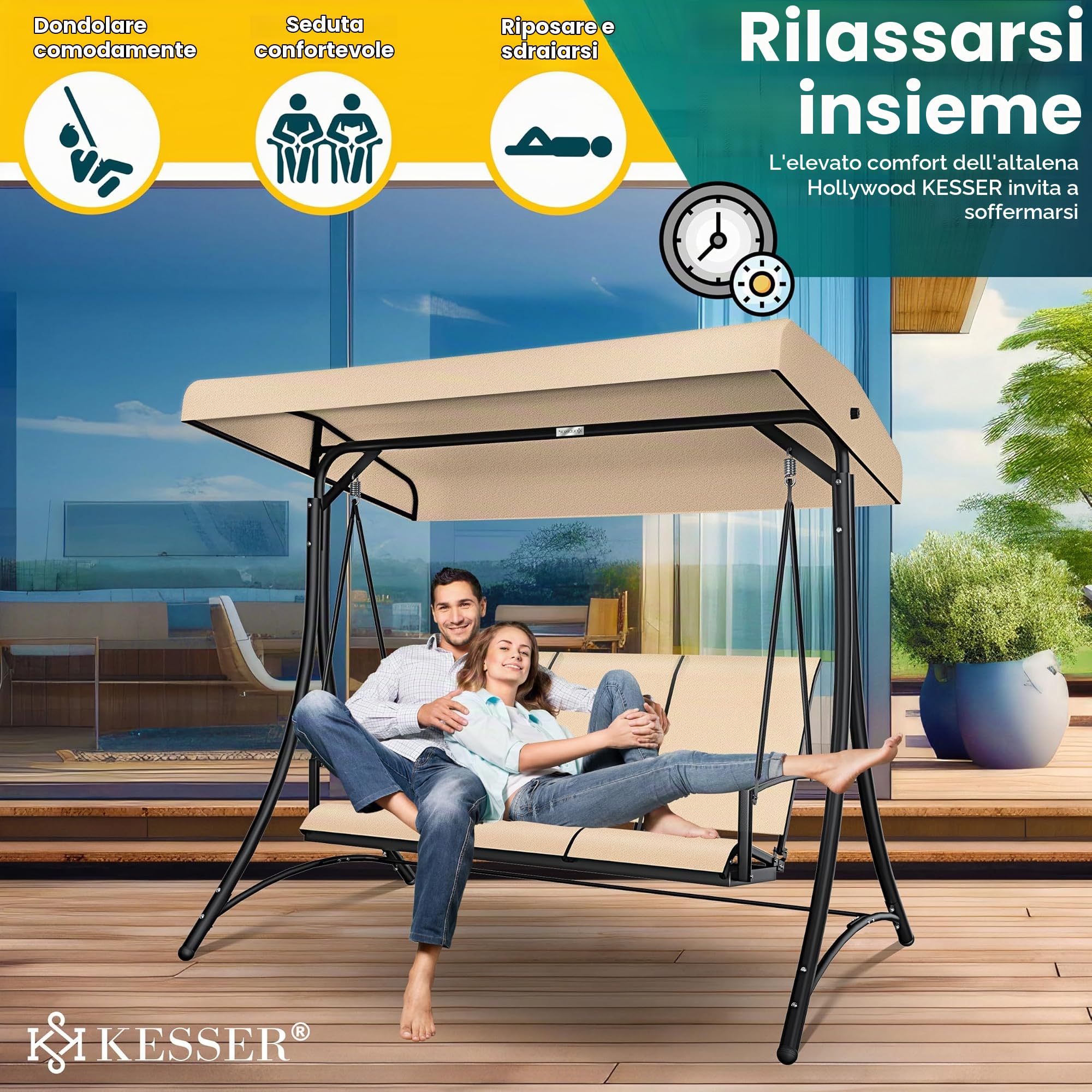 KESSER® Dondolo Hollywood con tettuccio parasole, 3 posti, portata 300 kg, sdraio da giardino antiscivolo, panca a dondolo, impermeabile, per esterni e interni (beige)