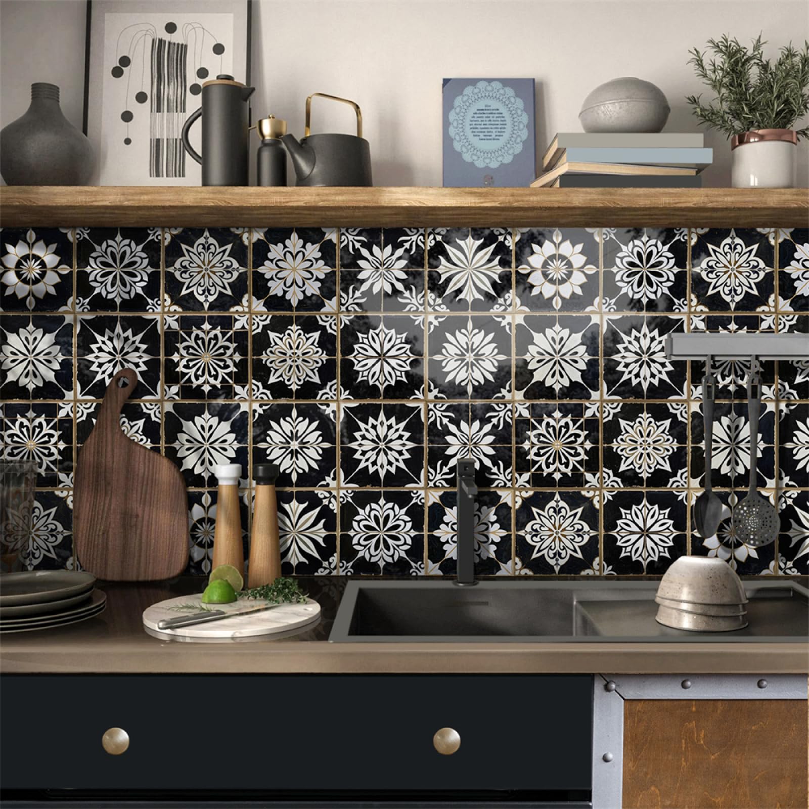 Tile Decals, Black and White Peel and Stick Wall Stickers PVC Decorative for Kitchen Washroom Bedroom,Floor Tiles(15X15CM/24PCS)
