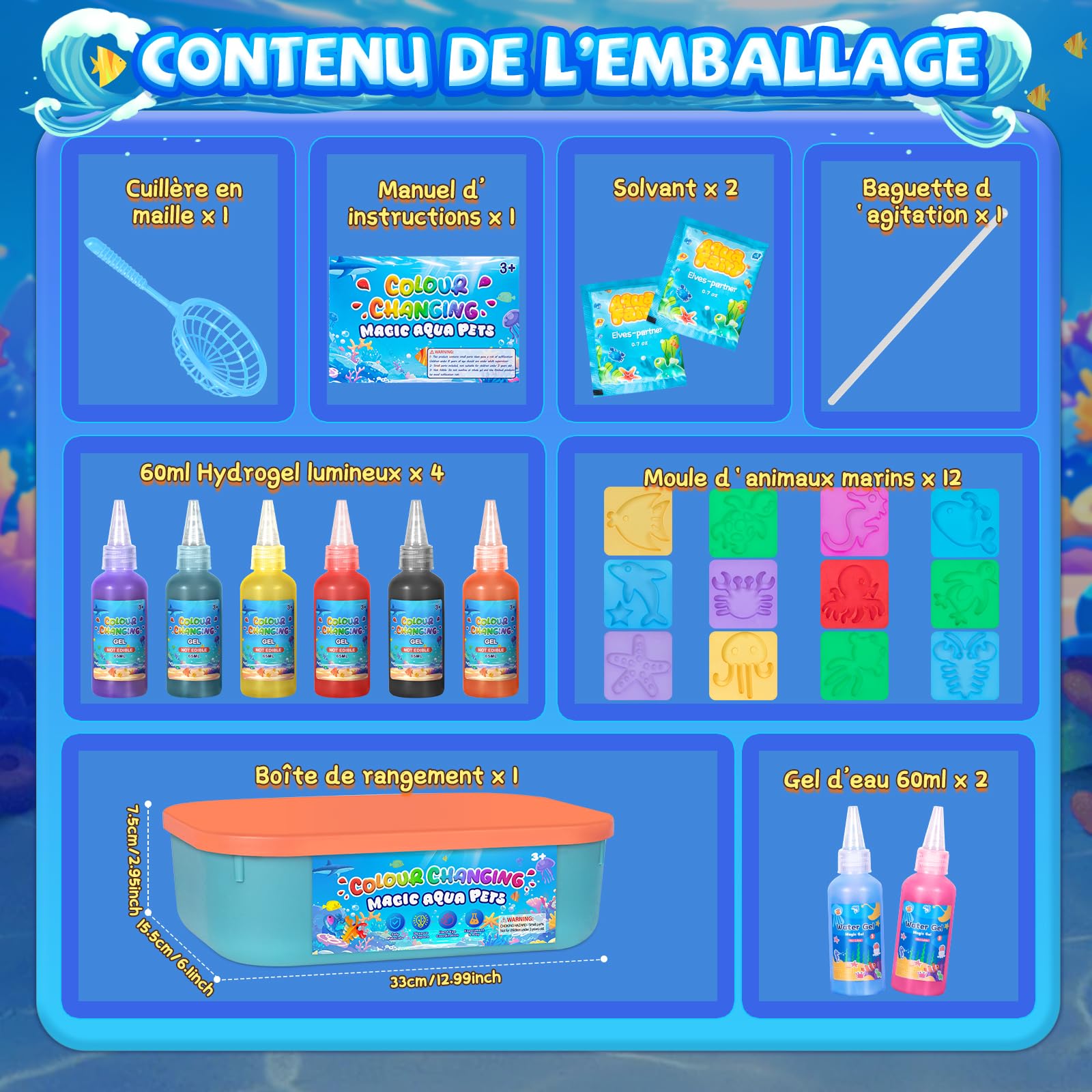 Thedttoy Elfe Magique de l'eau Changeant de Couleur,Magic Water Elf,22 PCS Aqua Gelz Kit,Aqua Sprite pour Enfants,12 Figures d'animaux Marins,Cadeau Créatif et Manuel pour Fille de 3 Ans et Plus