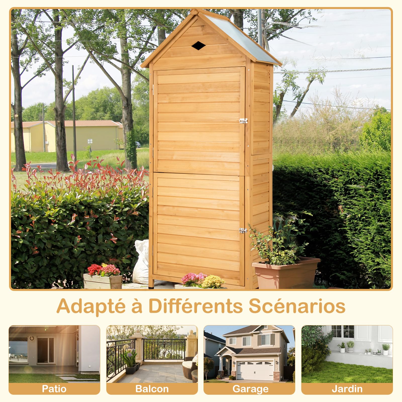GOPLUS Abri de Jardin en Bois de Sapin 5 Étagère avec Porte Verrouillable, 70 x 45 x 160 CM, Cabane de Jardin Extérieur pour Outils, Toit Galvanisée Imperméable, Pieds Surélevé pour Terrasse, Naturel