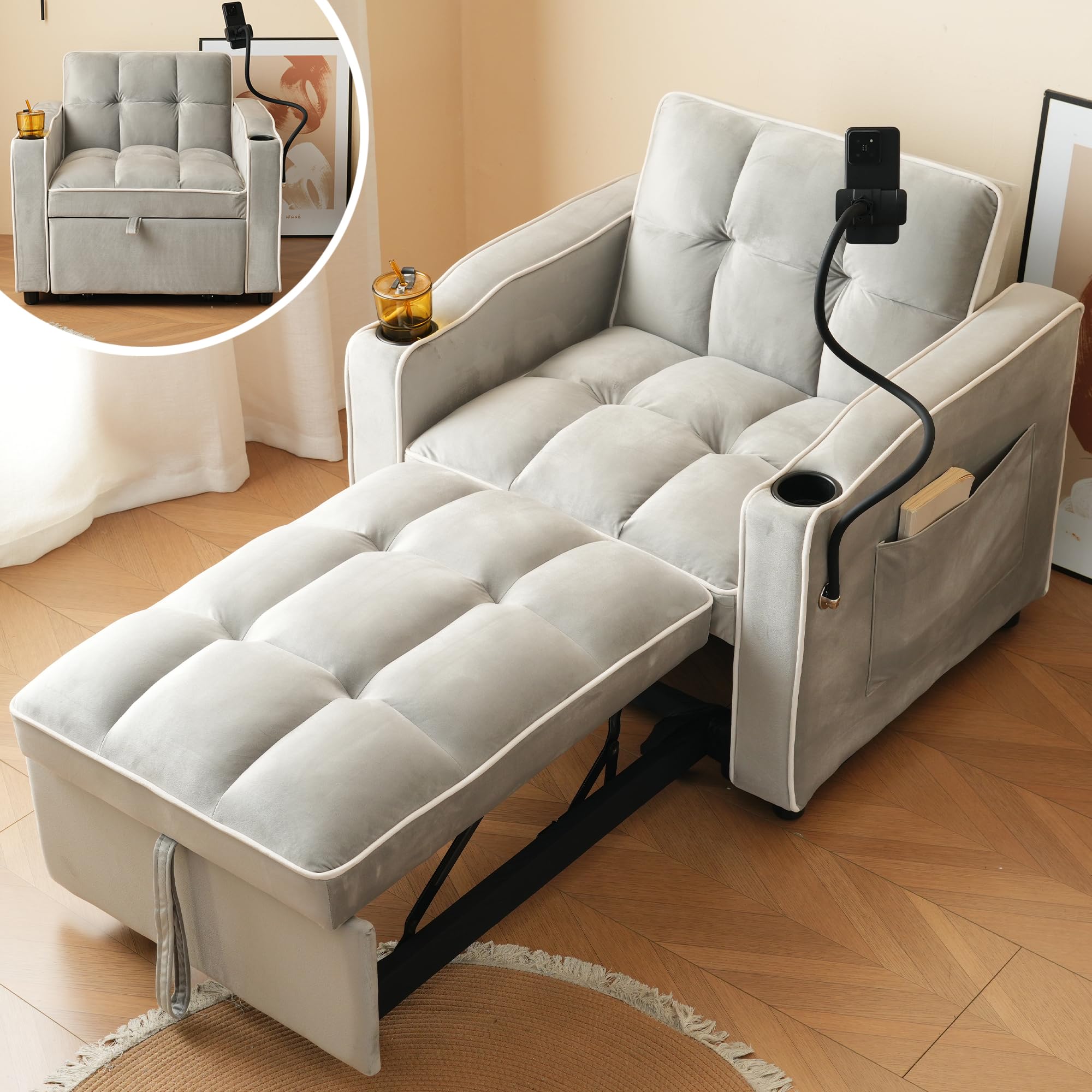 Sofá cama individual extraíble 3 en 1 – Con portavasos y soporte para celular, sofá-tumbona, silla cama, sillón, perfecto para espacios reducidos, 83*167*76 cm (Gris antiguo blanco)