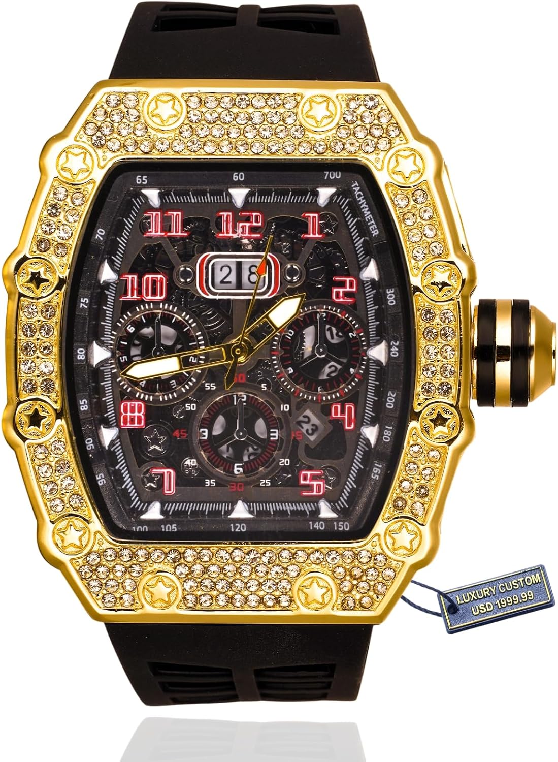 genkigold Orologio con Diamanti per Uomo – Quadrante Quadrato 40mm con Numeri Romani – Placcato in Platino Cinturino 22cm – Quarzo Giapponese – Gioiello di Lusso