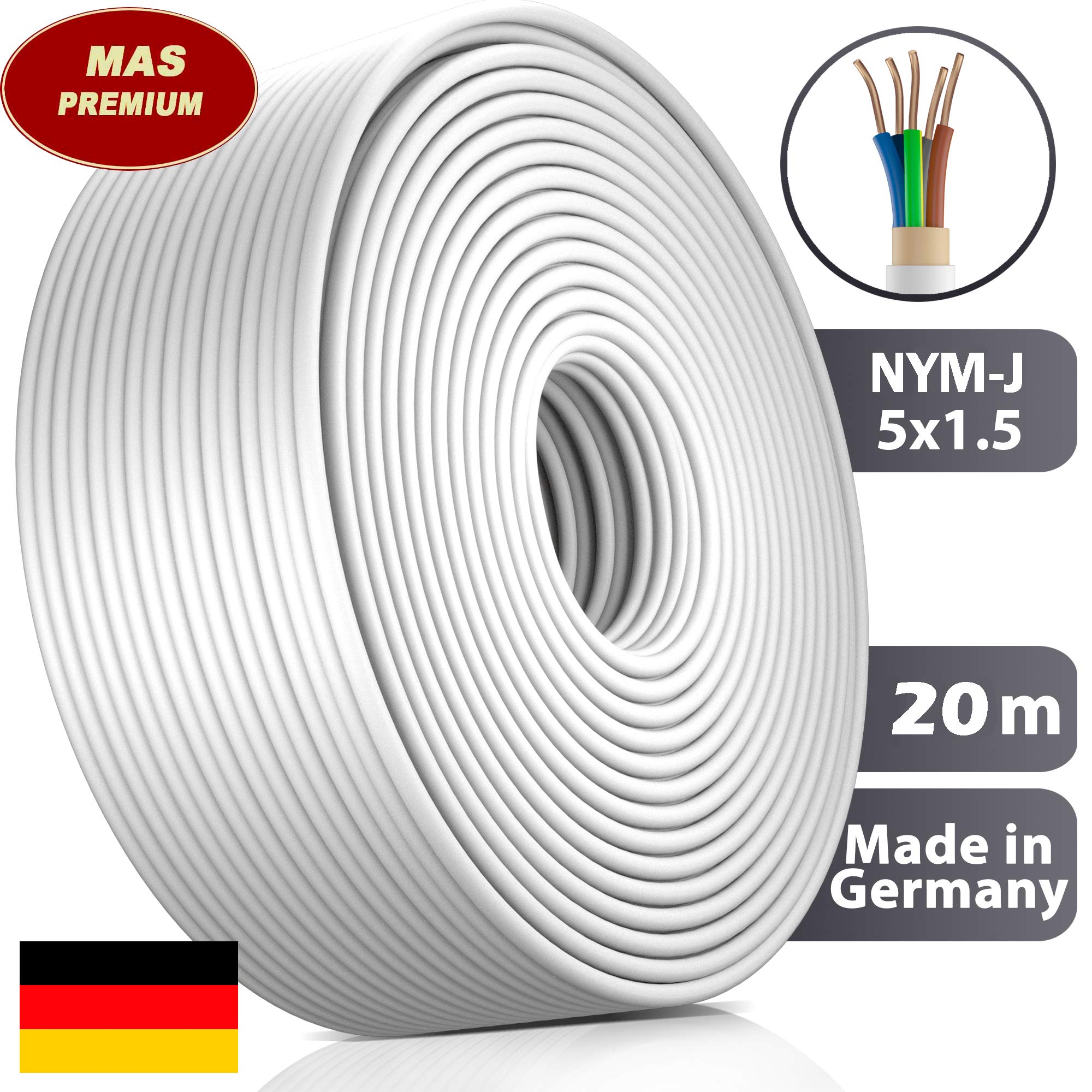 Cavo di alimentazione per ambienti umidi da 5, 10, 15, 20, 25, 30, 35, 40, 50, 60, 70, 75, 80, 90 o 100 m, NYM-J 5 x 1,5 mm², cavo rivestito, cavo elettrico ad anello per installazione fissa (20 m)