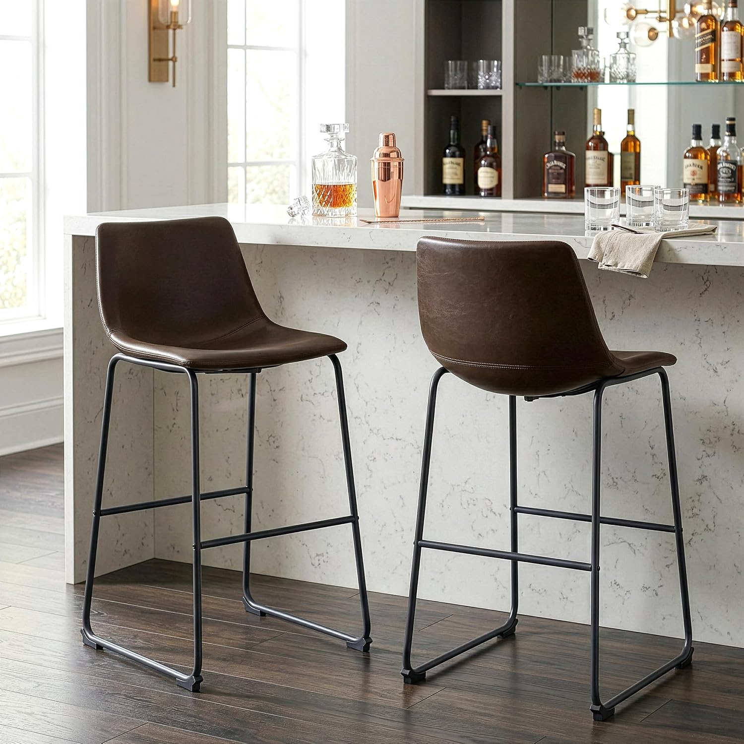 Glamour Home Set of 2 Adan Iron Frame Faux Leather Bar Stool (Dark Brown)