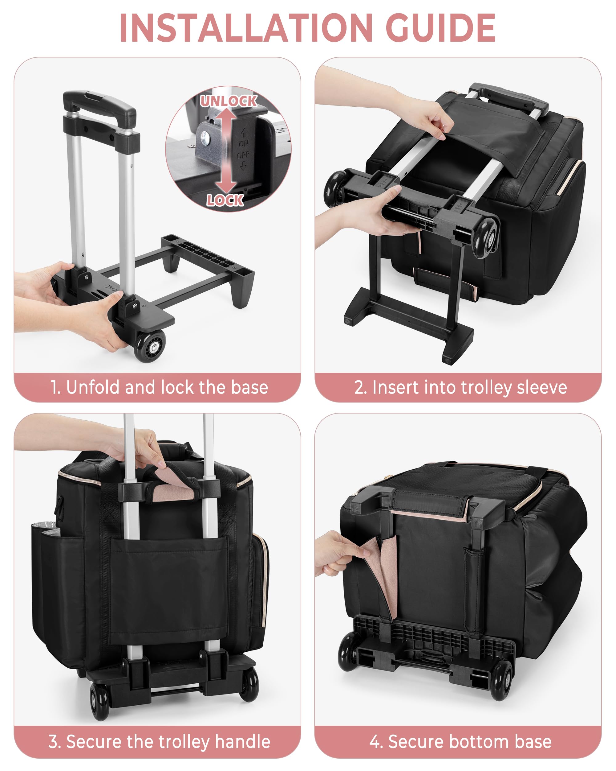 Borsa Trolley da Viaggio per Parrucchieri, Borsa Porta-Attrezzi con 2 Pochette Rimovibili e Strato Termoisolante, Valigia su Ruote per Cosmetica e Make-up, Nero
