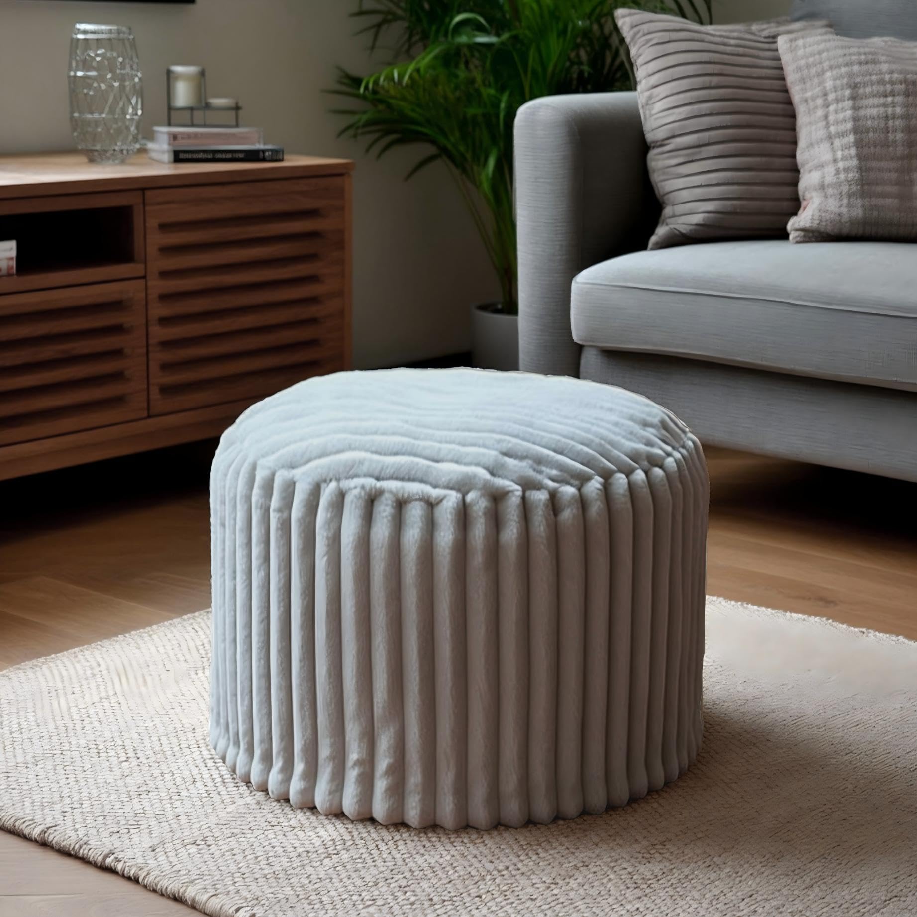 Pouf Rond, Tabouret Repose-Pieds en Mousse Mémoire - Housse en Fausse Fourrure Douce, Pouf Canapé Tabouret, Multifonction pour Salon, Bureau, Chambre, 38x50x50 cm, Gris