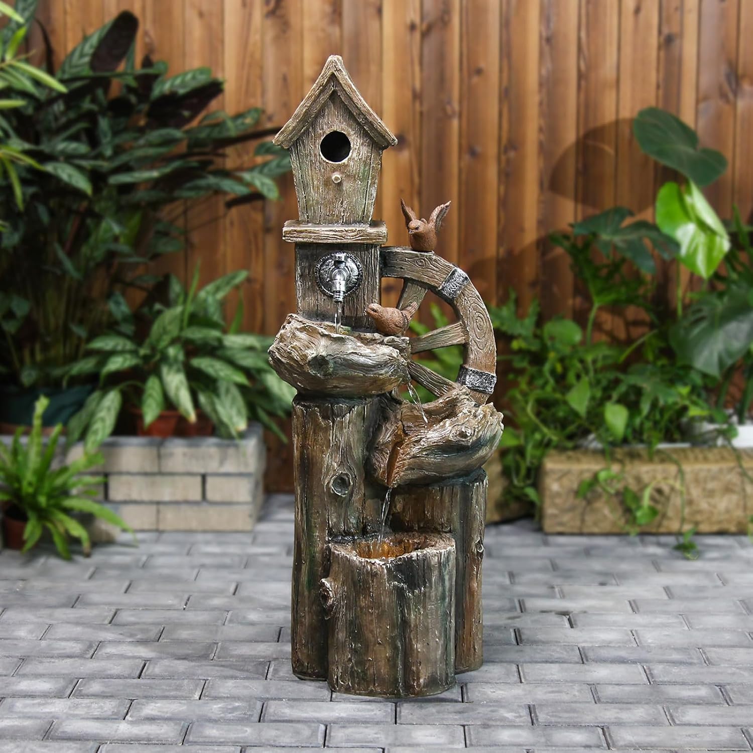 YZM 38.38" H Water Fountain Outdoor Garden 3-Tier Birdhouse Waterfall Fountain with Faucet Tree Trunk Indoor Floor Cascading Water Feature with LED Lights for Patio Yard Home Backyard Decor