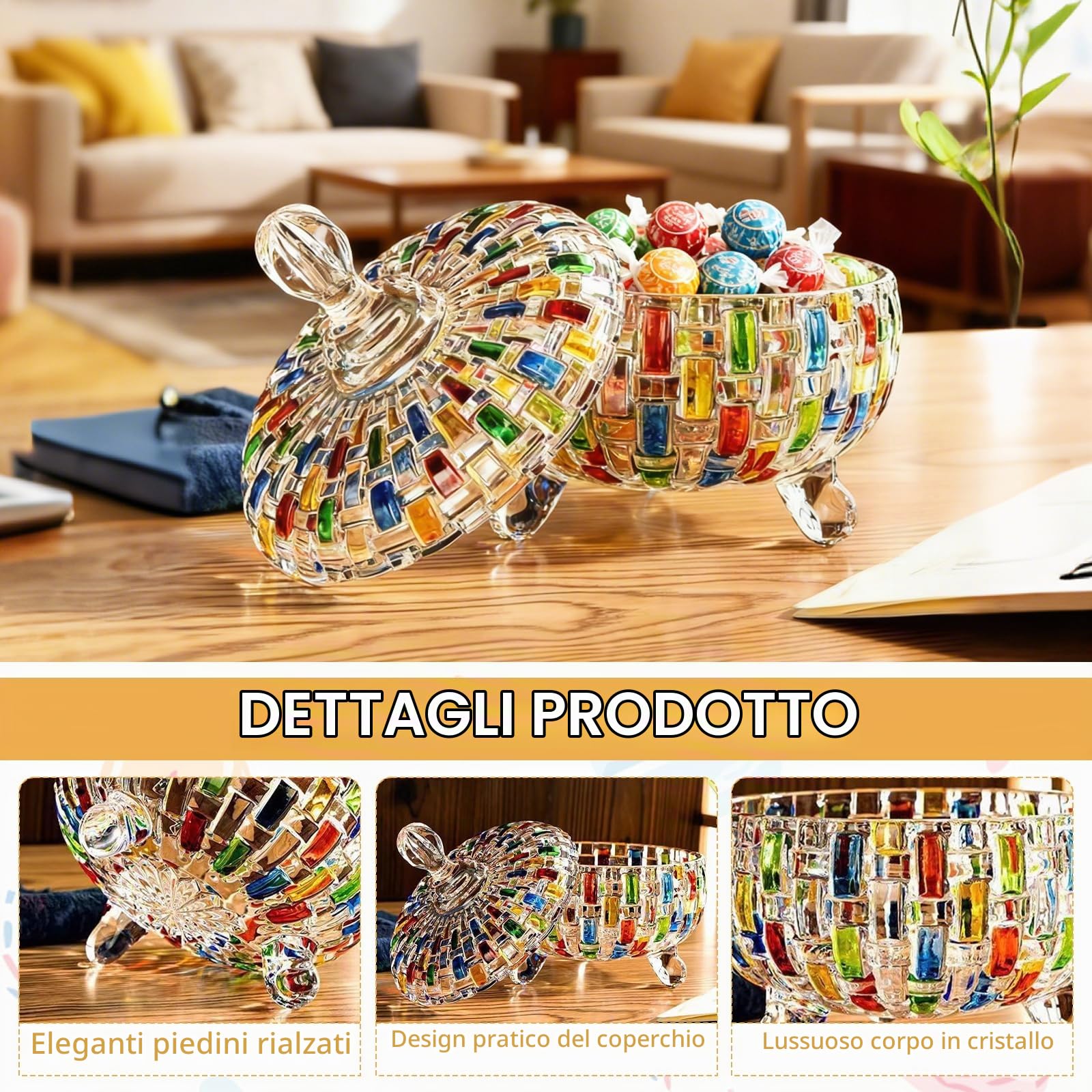 Barattolo di Caramelle, Barattoli di Caramelle in Vetro da 685 ml con Coperchio Scatola per Zucchero in Vetro Intrecciato Colorato Dipinto a Mano per Feste Matrimoni Compleanni Natale Anniversari