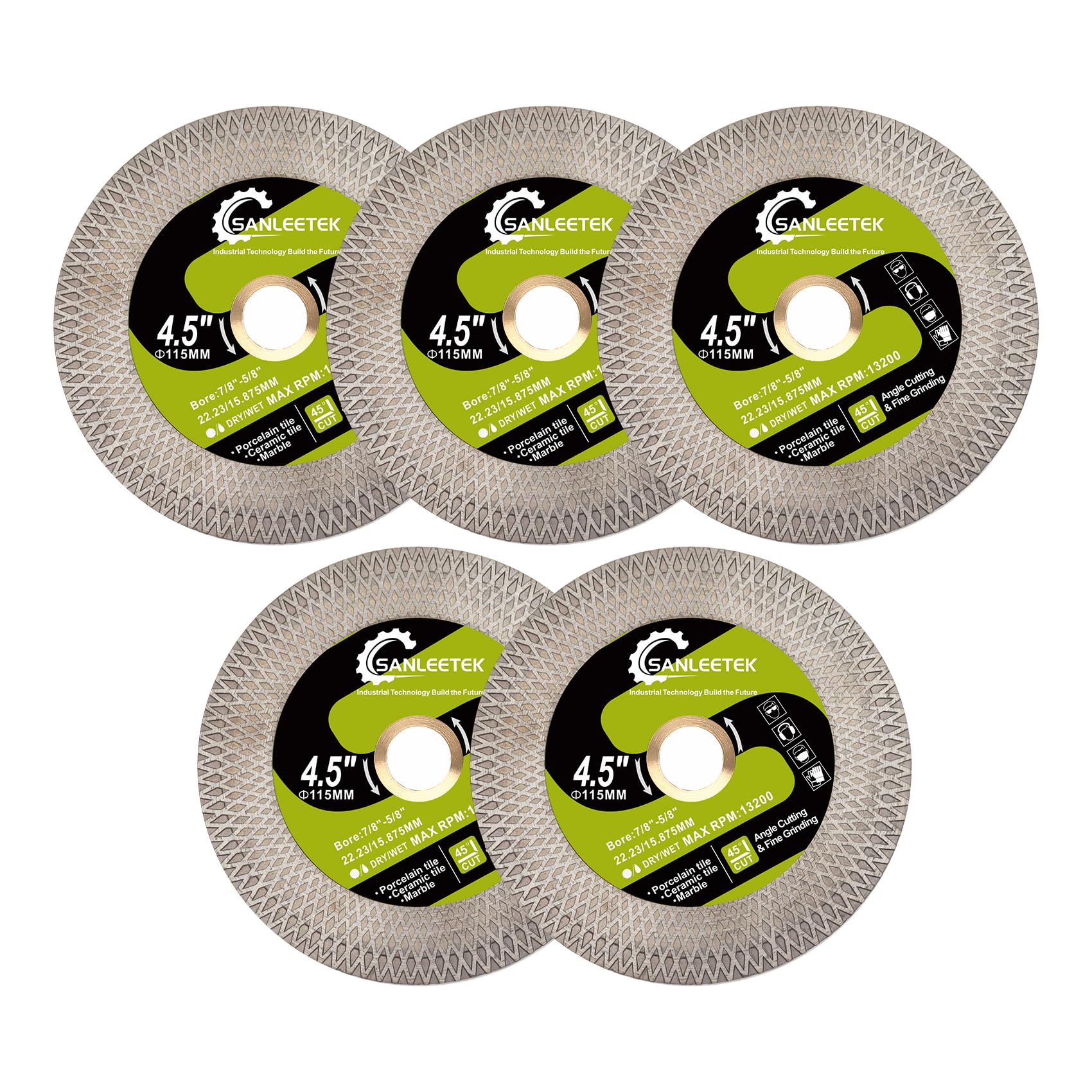 Diamond Tile Saw Blade SANLEETEK - 5pcs 115mm Diamond Cutting Grinding Disc for Porcelain Ceramic Tile Marble Artificial Stone with Double-sided X Mesh Rim