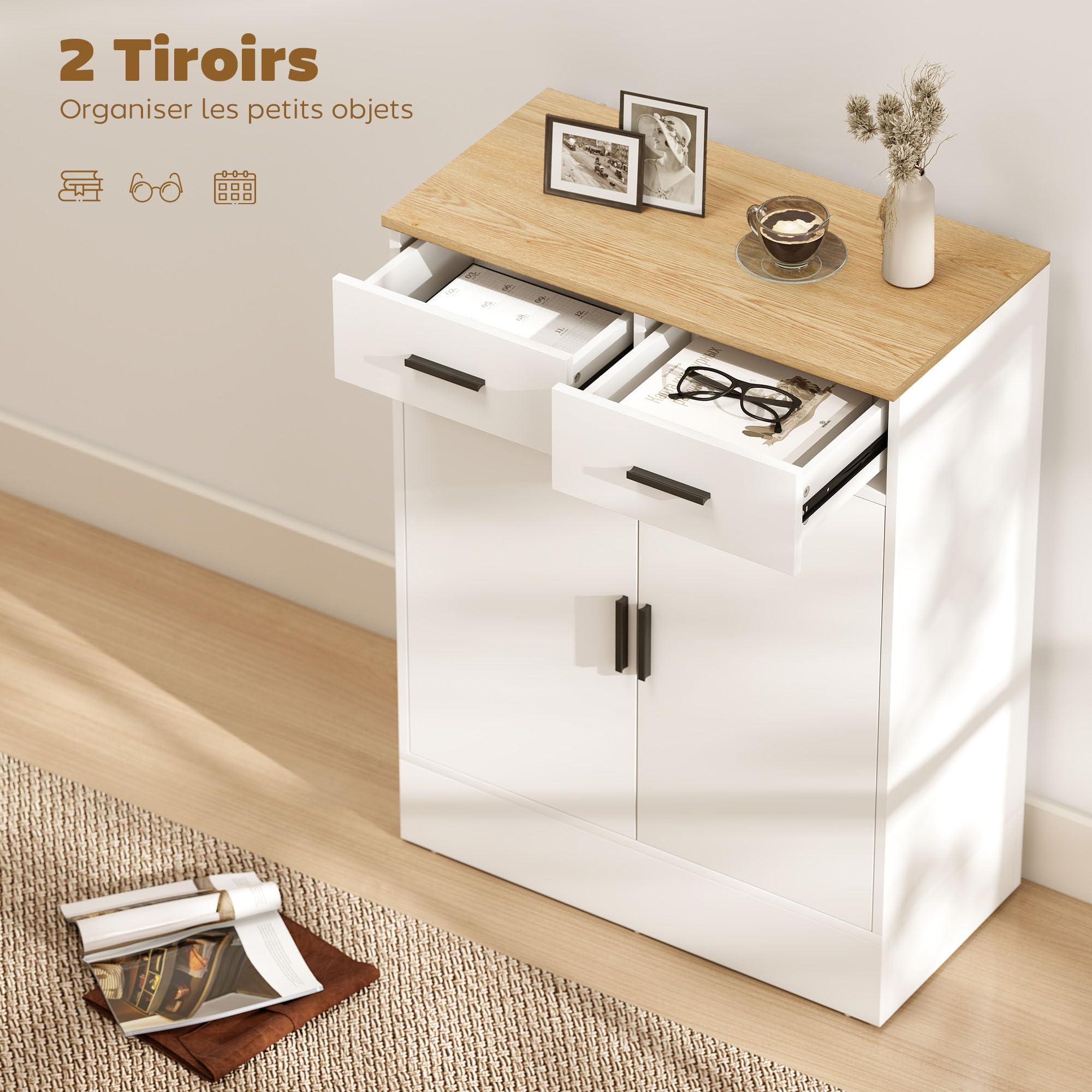 HOMCOM Buffet 2 Portes 2 Tiroirs 68,6 x 35 x 90,3 cm Bois Naturel Blanc