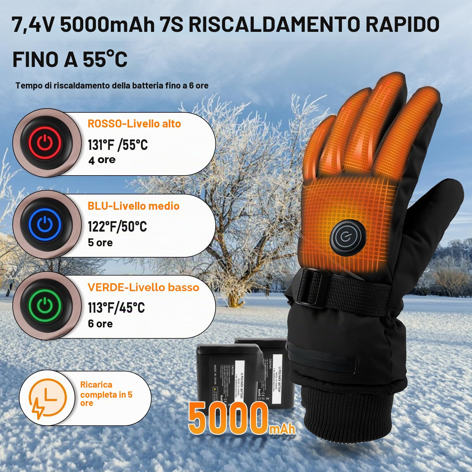 Guanti riscaldati per uomo e donna, 7,4 V, 5000 mAh, 3 livelli di riscaldamento, guanti riscaldanti elettrici, guanti riscaldati per ciclismo, sci, escursionismo, caccia