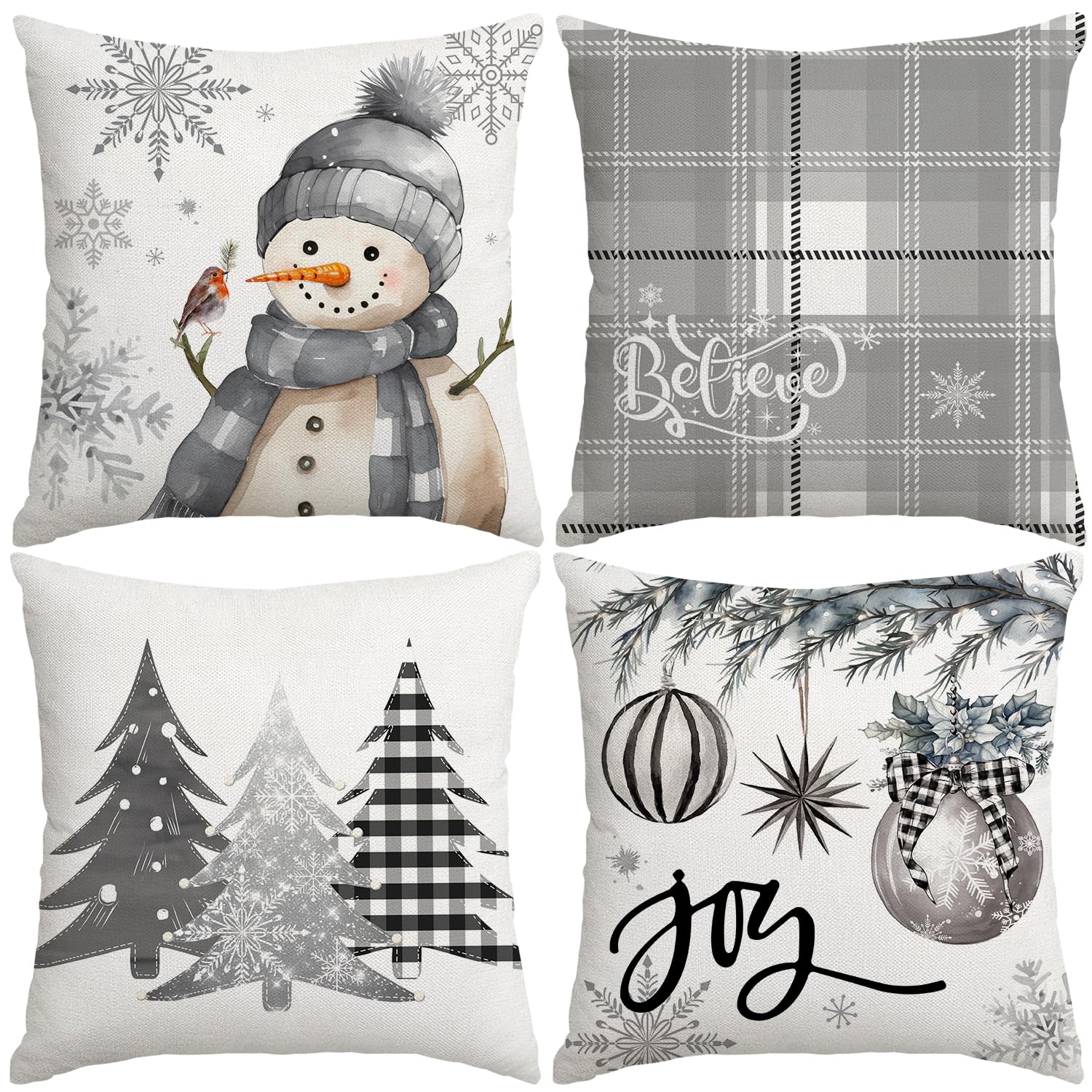 Artmag Christmas Pillow Covers 18x18 Inch Set of 4, Decorative Farmhouse Snowman Joy Believe Christmas Tree Grey Pillow Covers for Winter Holiday Home