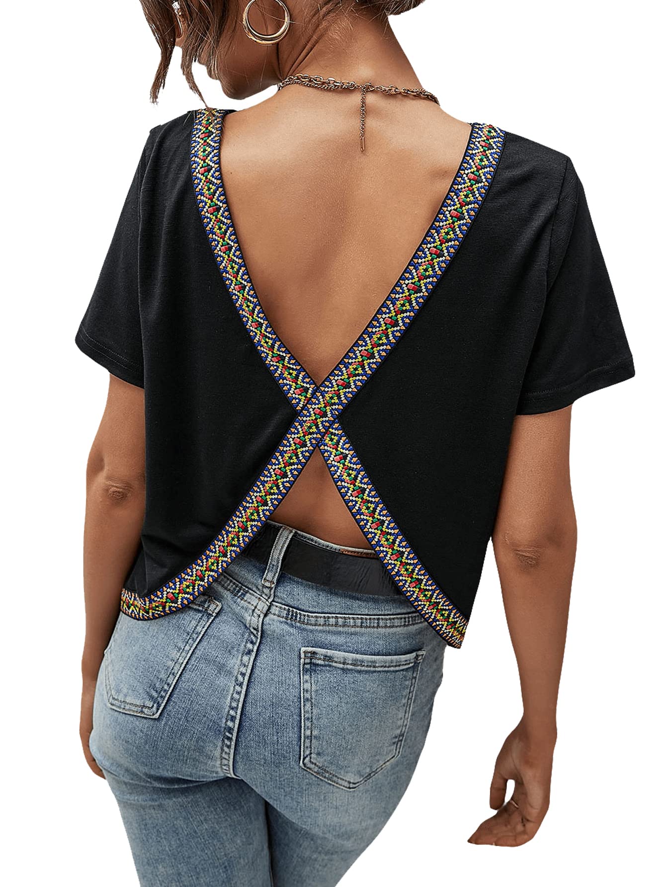 Women's Contrast Panel V-Cut Back Short Sleeve Tee Shirts Crew Neck Backless T Shirt Casual Summer Top