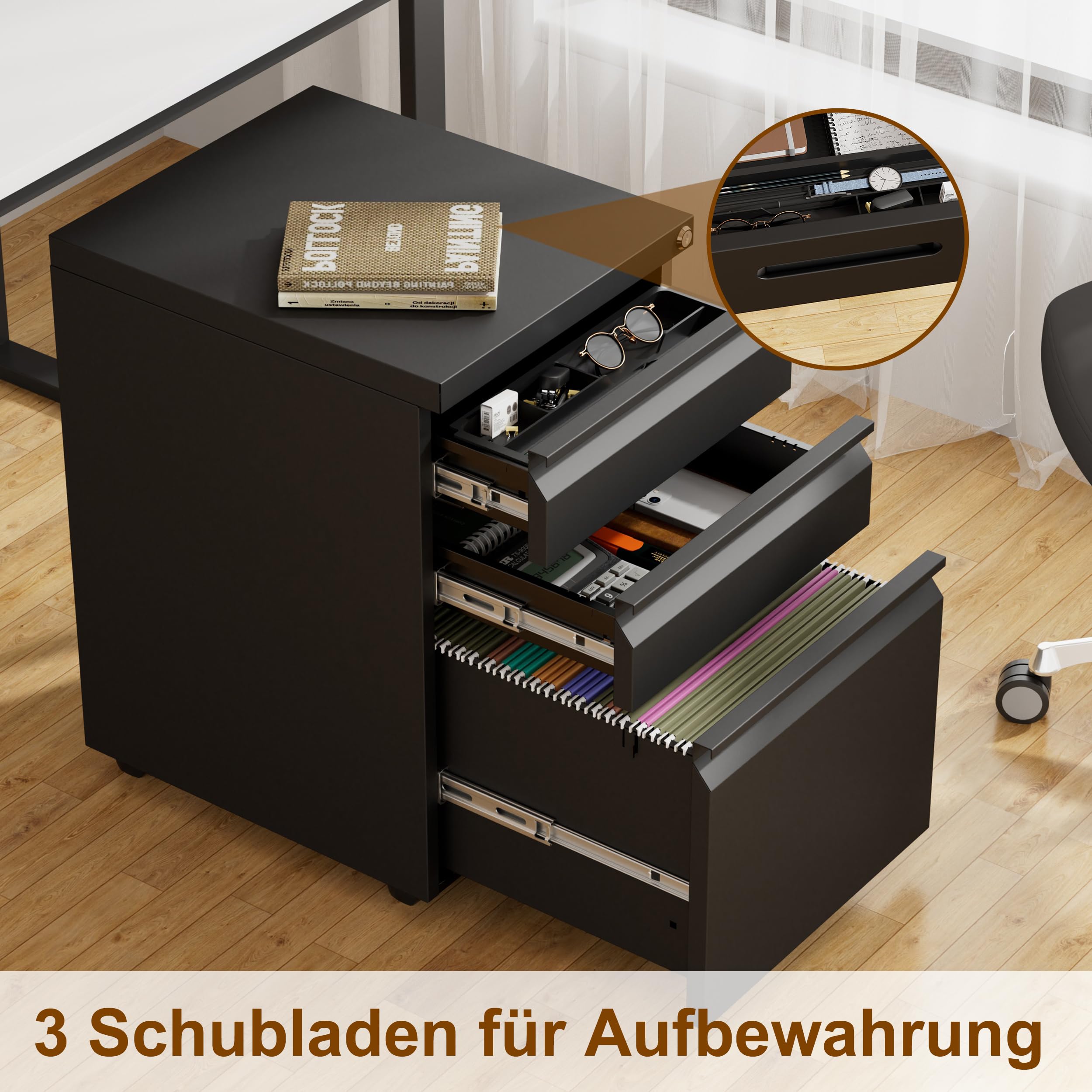 Rollcontainer, Aktenschrank Abschließbar mit 4 Schlüsseln, Aktenschrank unter Schreibtisch, mit 3 Schublade, Vormontiert, Abschließbarer, Büro, Homeoffice, für A4/Legal/Letter