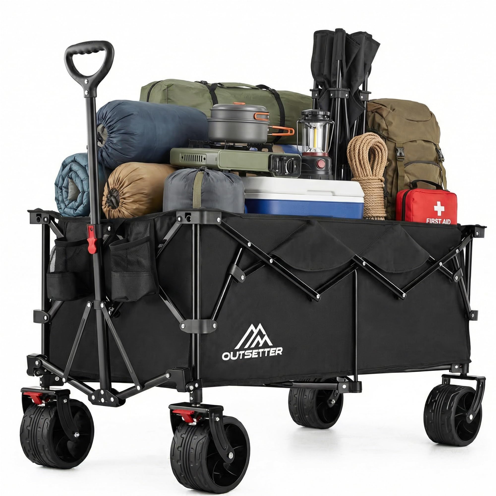 Outsetter Black 300L Heavy Duty Folding Camping Trolley On Wheels, Large Capacity Festival Wagon Cart With Wide All-Terrain Wheels, Cover & Adjustable Handle For Beach, Garden, Picnic, Outdoor, Shopping