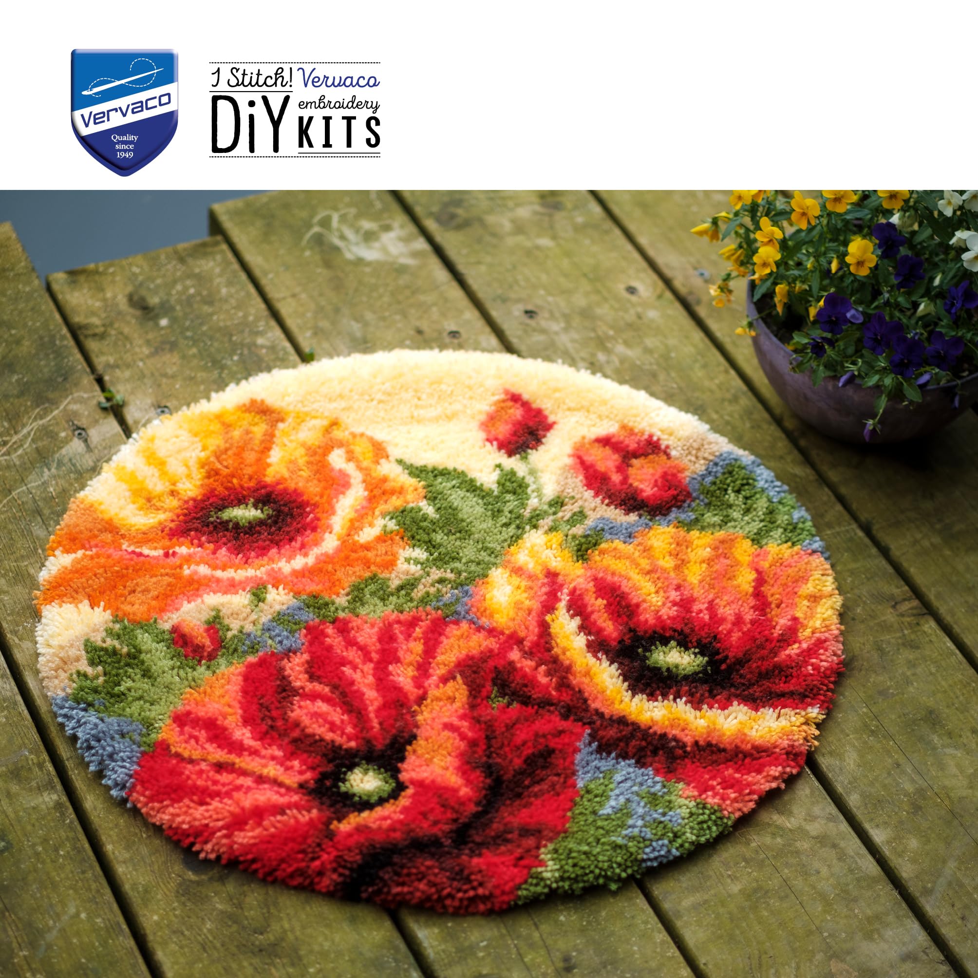 VERVACO Knüpfteppich Set DIY Handarbeit Knüpfset für Anfänger MOHNBLUMENFORM Teppich zum Selber Knüpfen Basteln Erwachsene Kreativ Set 67 x 67 cm Latch Hook Knüpfhaken Haus Dekoration