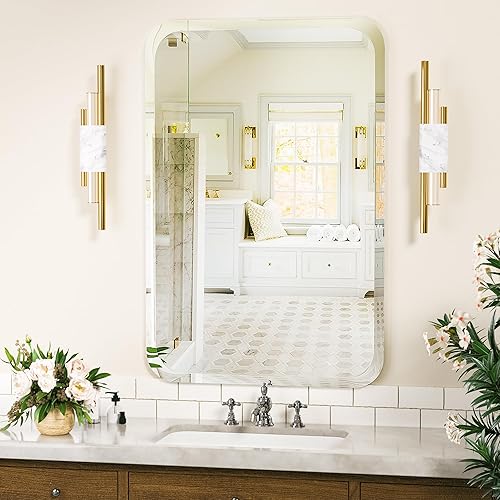 Miniatura 1 de Antok Espejo de baño redondeado sin marco, espejo de pared de 20 x 28 pulgadas para baño, espejo de tocador sin marco con borde biselado de lujo