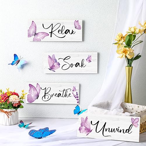 Miniatura 3 de Weysat 4 accesorios de baño morados de 10 x 4 pulgadas, decoración de baño de mariposa para relajarse, remojar y relajarse, decoración de pared de